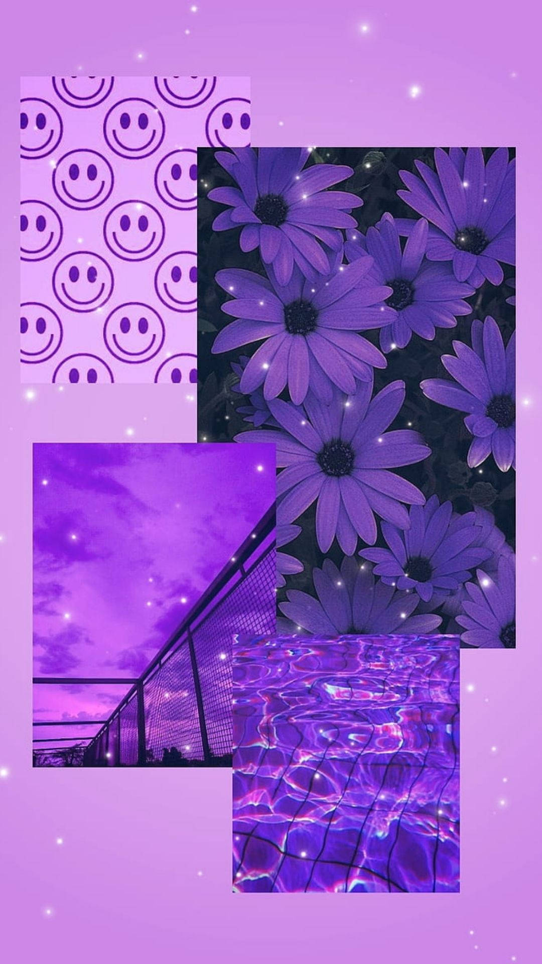 紫色拼貼畫，包含微笑的臉孔、花朵、水波紋和帶有閃爍星星的天空景色。
