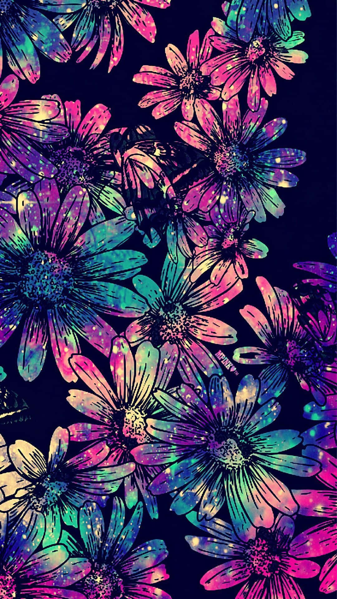 帶有閃爍宇宙細節的霓虹花朵在黑暗背景中綻放。