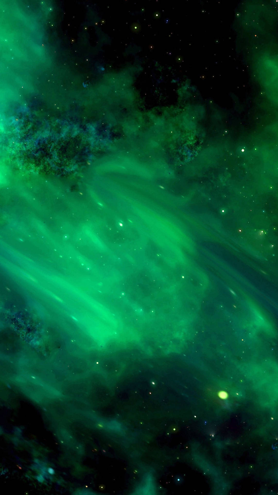 深空中帶有發光星星的綠色星雲 — 綠色天空 壁紙