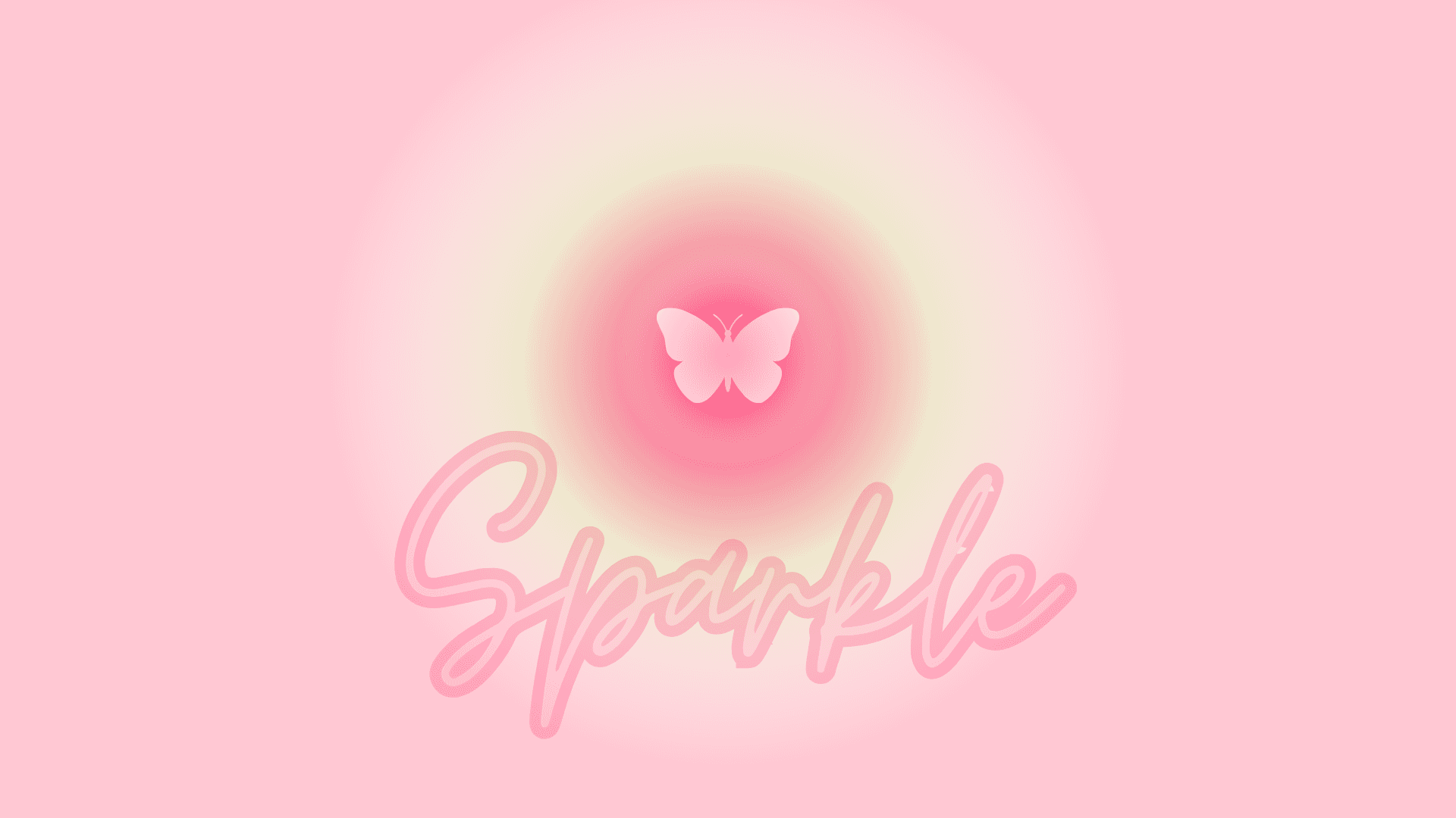閃耀美學蝴蝶 壁紙 — 一隻發光的粉紅色蝴蝶在草書字體「Sparkle」上方盤旋，背景為柔和的漸變粉紅色。