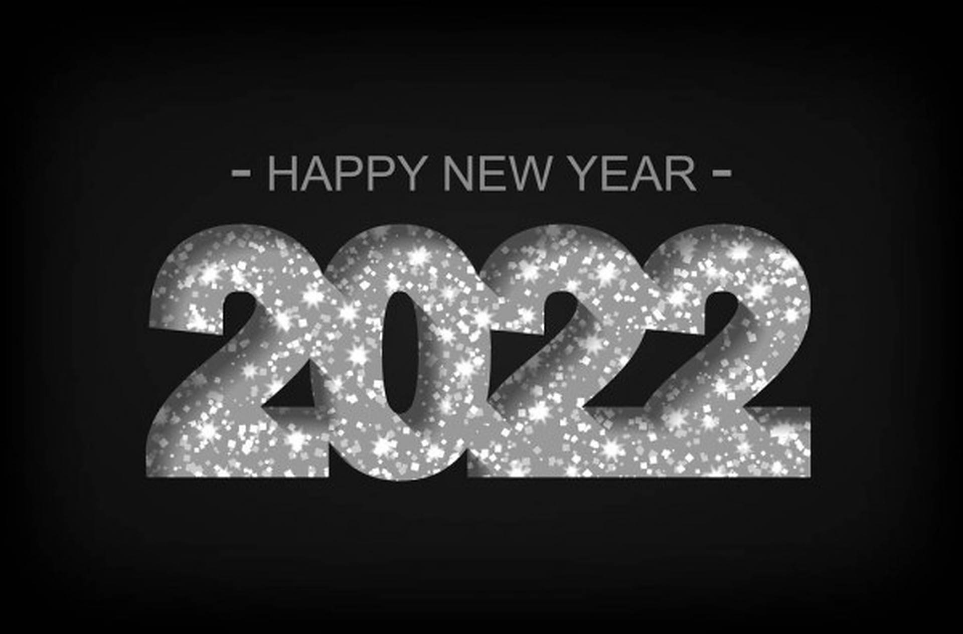 閃耀迎2022 - 銀色閃粉新年慶祝 壁紙 — 黑色背景上，粗體銀色閃亮2022文字，上方有「HAPPY NEW YEAR」。
