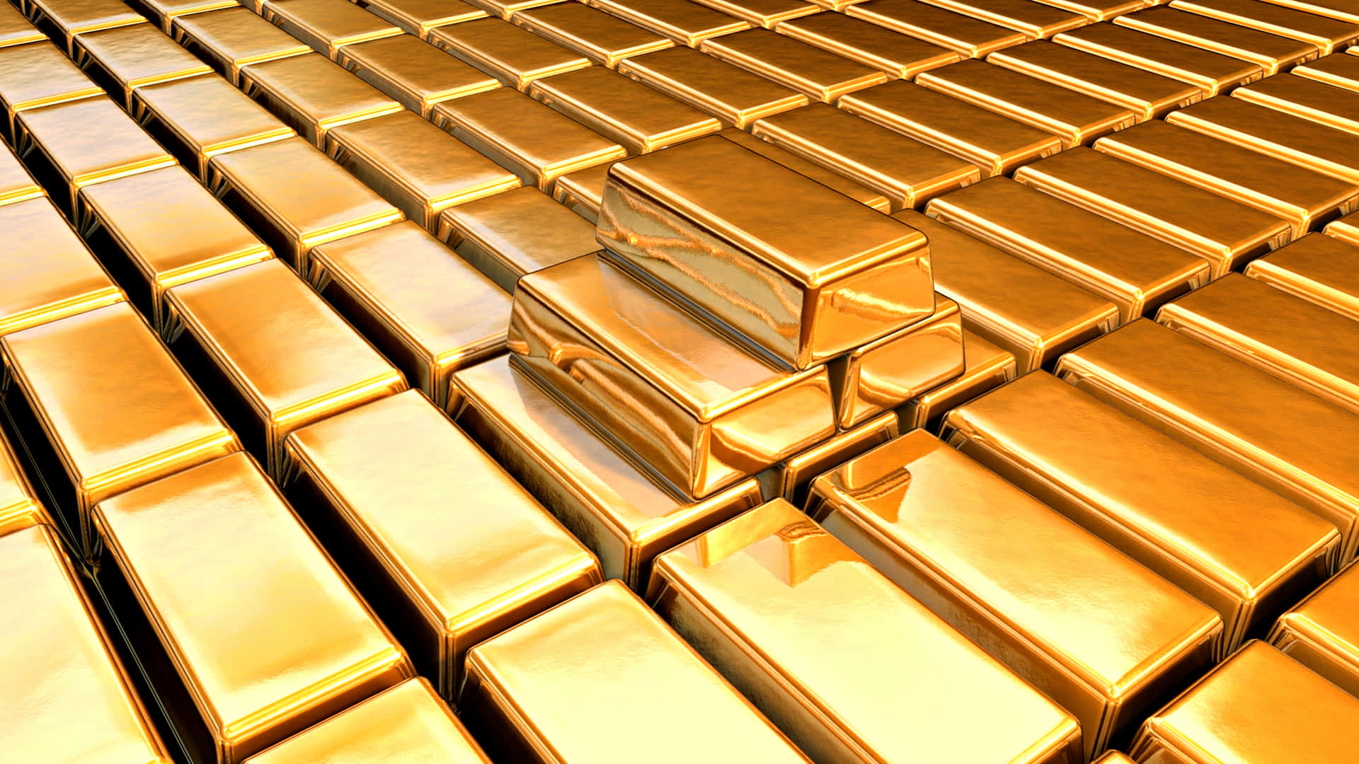 閃耀金光 壁紙 — 一排排閃閃發光的金條整齊堆疊，中間有一堆稍微升高。