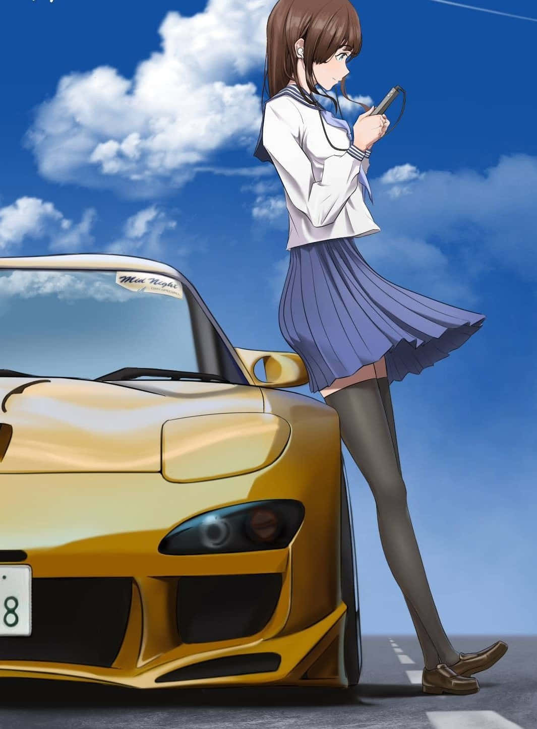 動畫女孩穿著校服，在晴朗天空下靠著金色跑車。