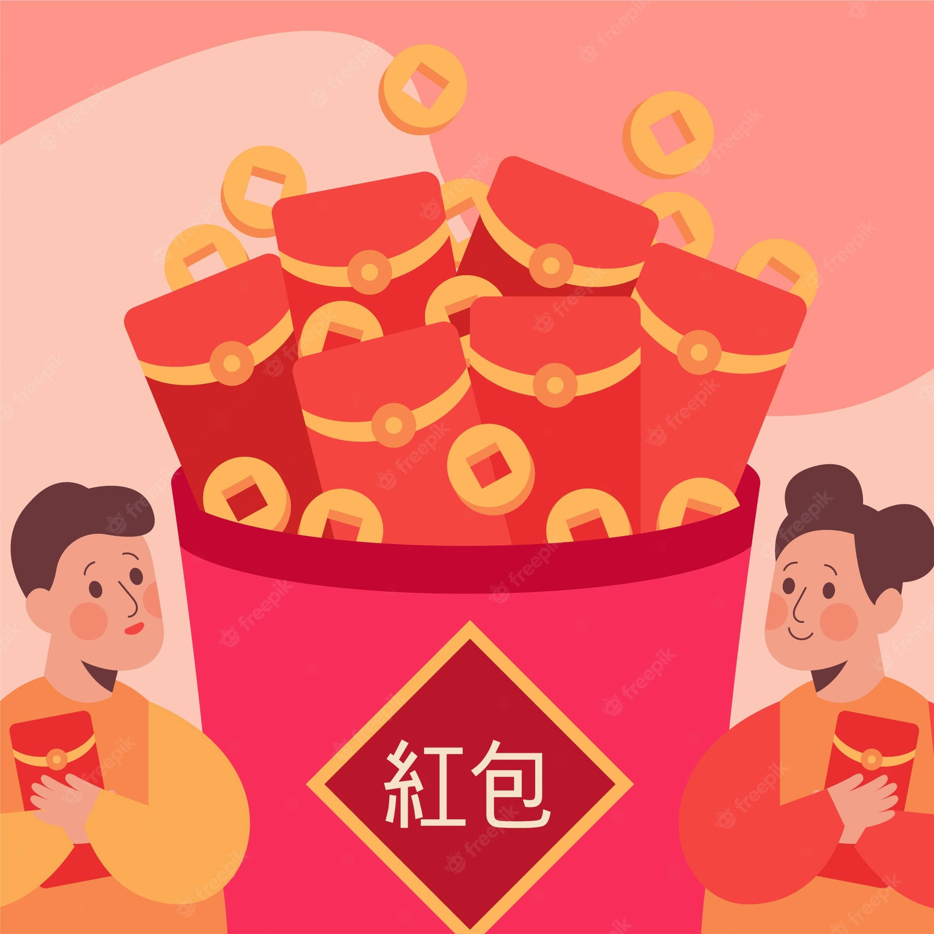 兩個人在一個標有「紅包」的大鍋旁手持紅包，鍋裡裝滿了金幣。