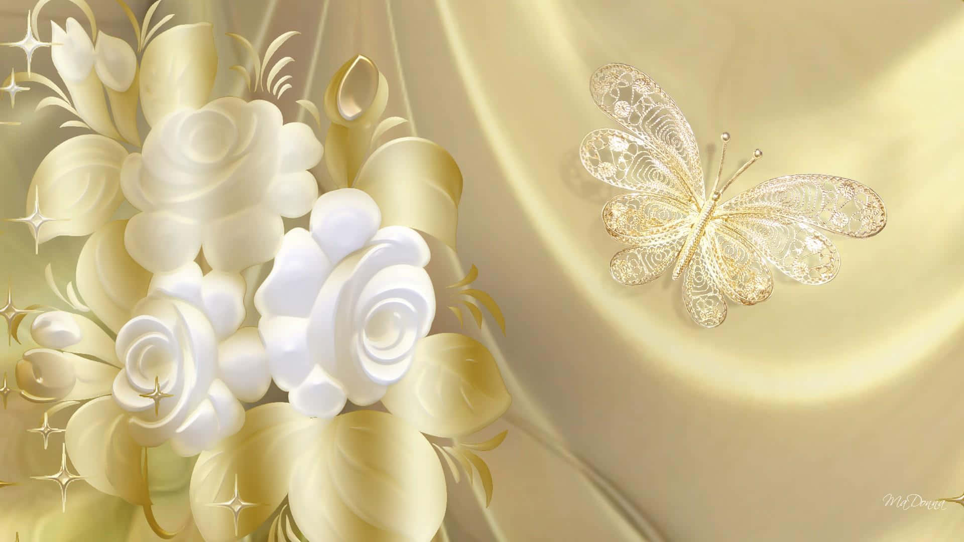 閃耀金白背景 壁紙 — 優雅的白玫瑰與金色鏤空蝴蝶，在柔軟的奶油色緞面背景上閃爍著光芒。