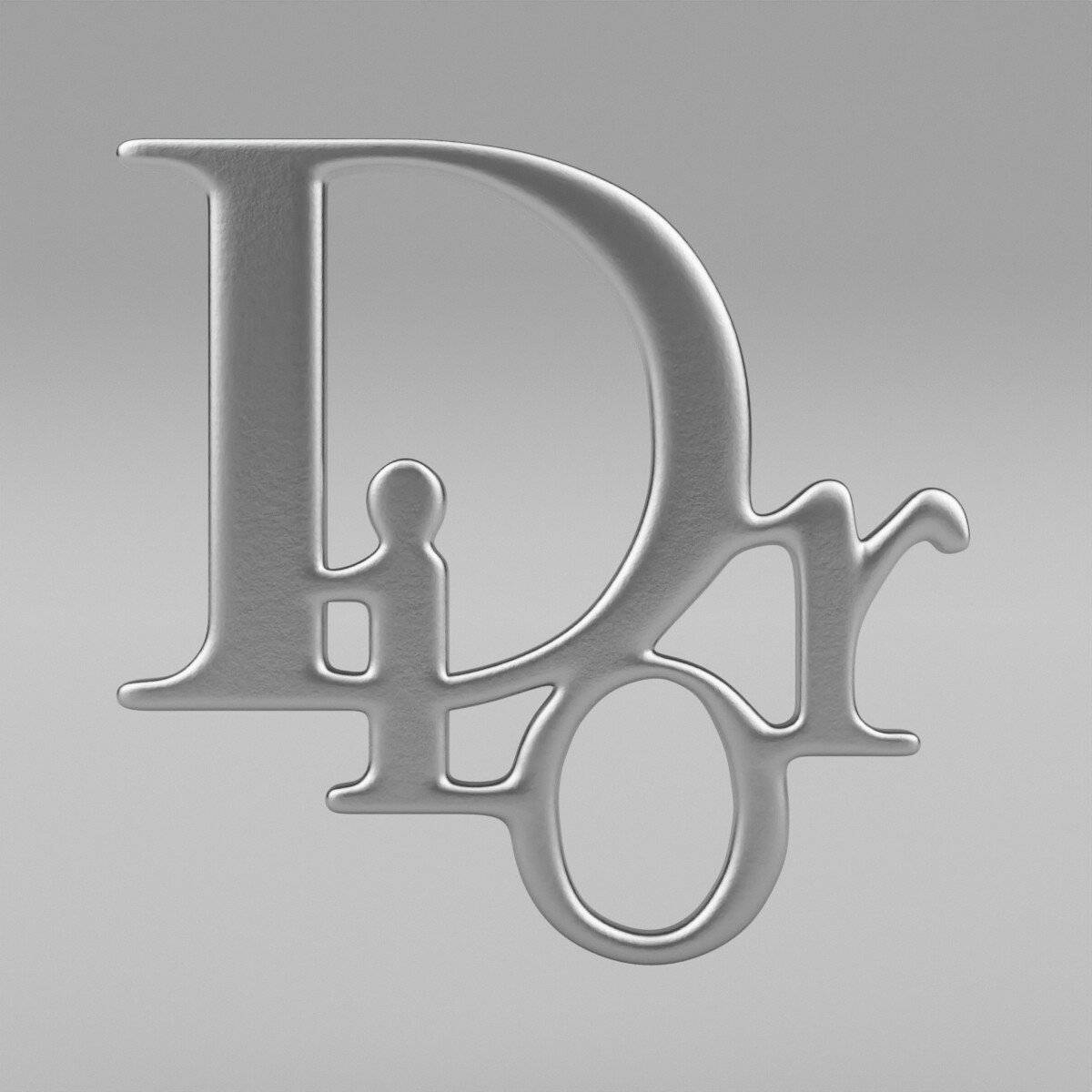 銀色Dior標誌3D，柔和光線，灰色漸變背景