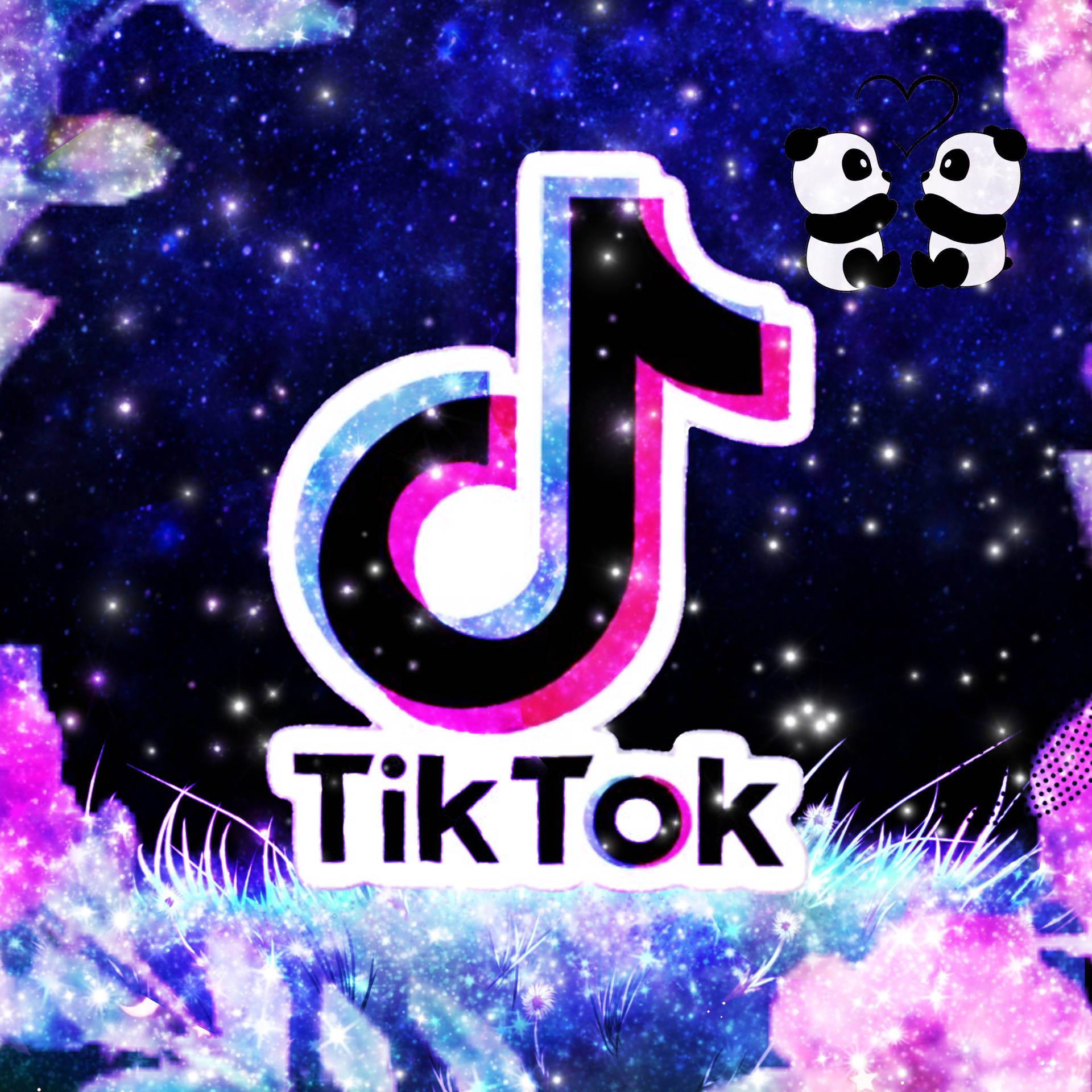TikTok 標誌，熊貓在閃爍的星空背景下手持愛心