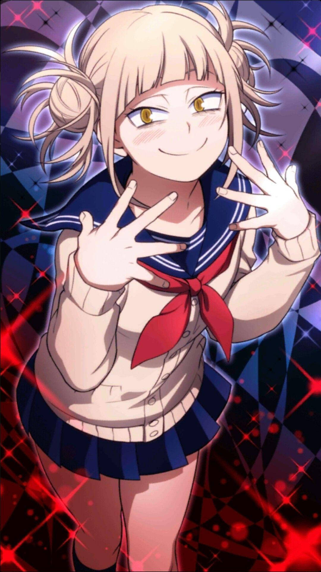 閃耀魅力Himiko Toga同人圖 壁紙 — 一個穿著水手服的可愛動漫女孩，在閃爍的紅色和紫色背景前微笑並比出和平手勢。