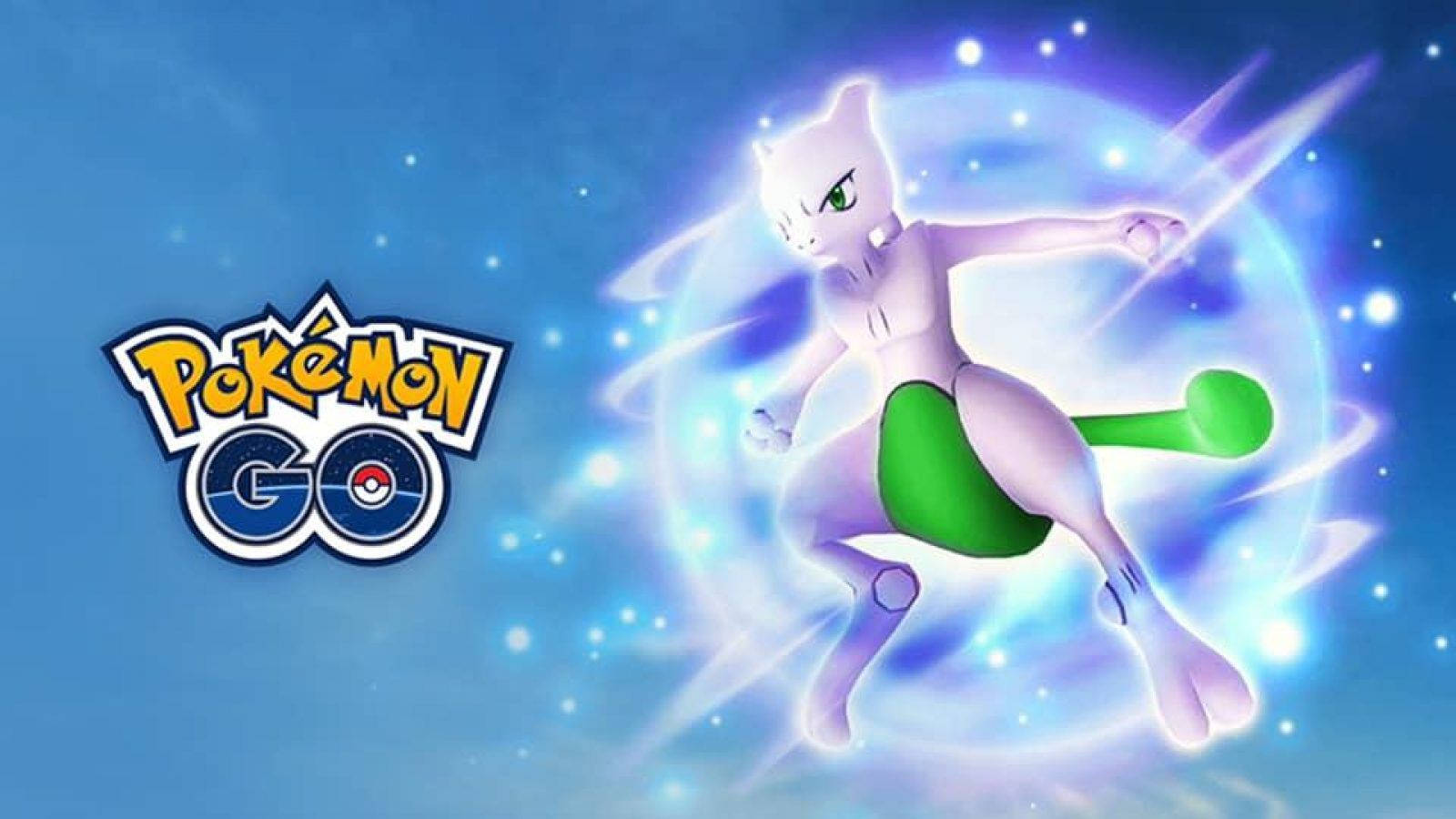 Mewtwo 在 Pokemon GO 標誌旁邊散發著能量。