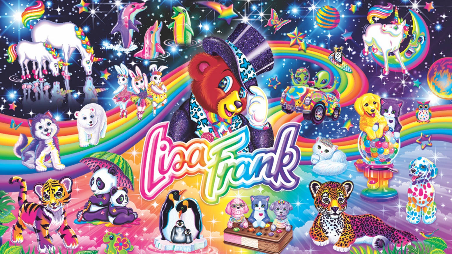 被彩虹動物和宇宙元素包圍的 Lisa Frank 標誌。