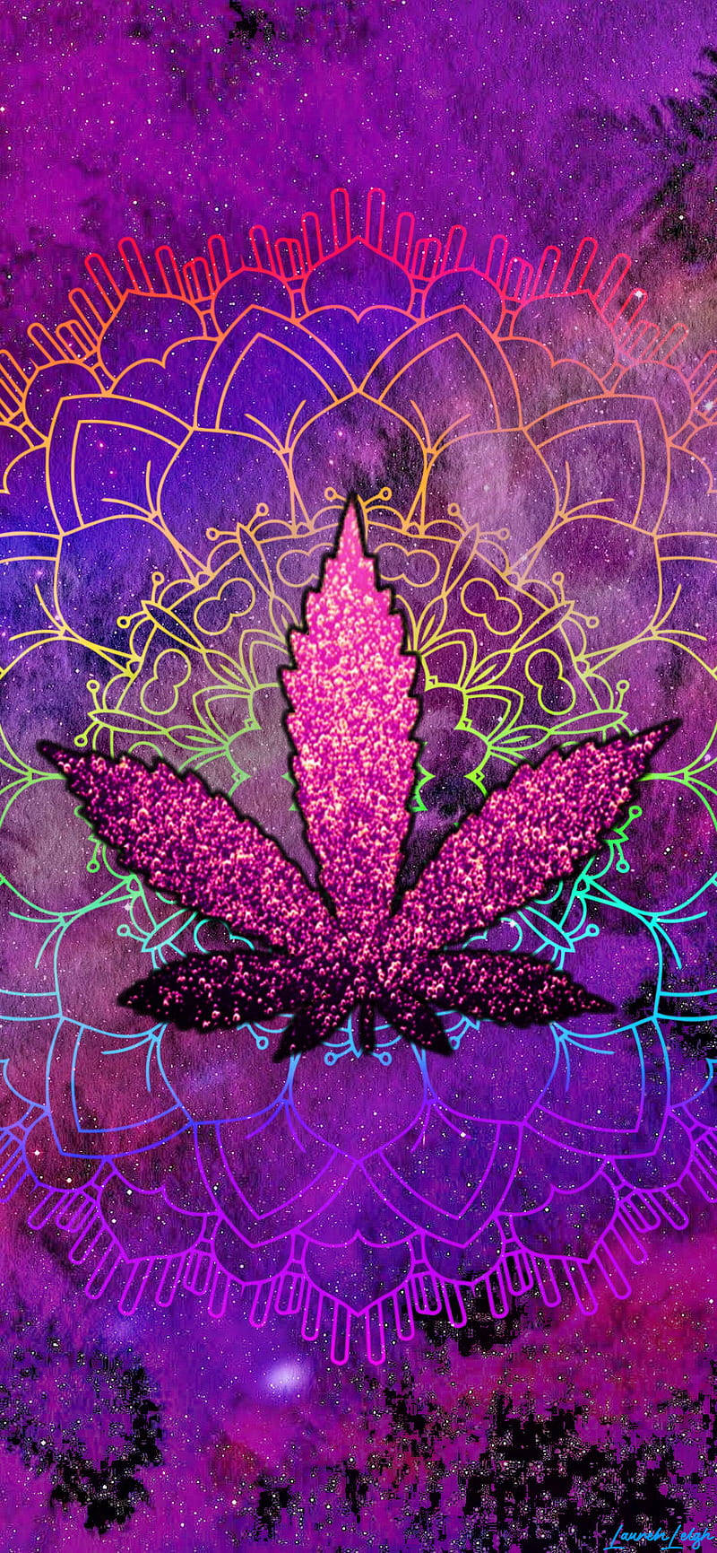 閃閃發光的粉紅色大麻葉在彩虹曼陀羅中，背景是宇宙紫色。