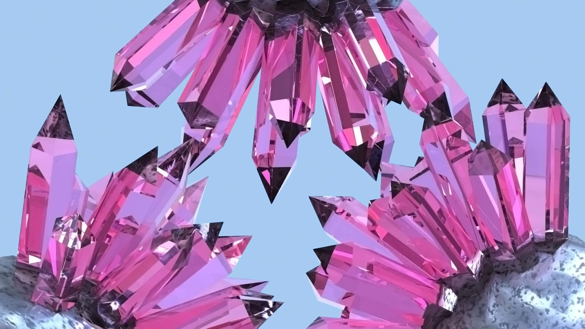 Pink Crystal Quartz 桌布 壁紙 — 閃閃發光的粉紅色晶體結構，帶有尖銳的幾何刻面，從岩石底座上升，襯著柔和的藍天。