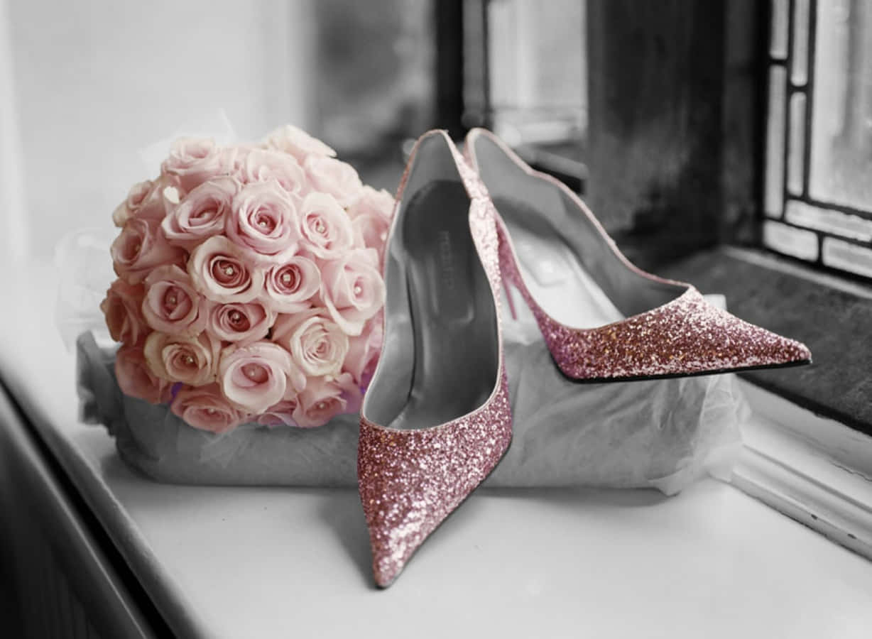 Pink Shoes 桌布 壁紙 — 閃閃發光的粉紅色閃粉婚禮高跟鞋和柔軟的粉紅色玫瑰花花束，以選擇性色彩優雅地放在窗台上。