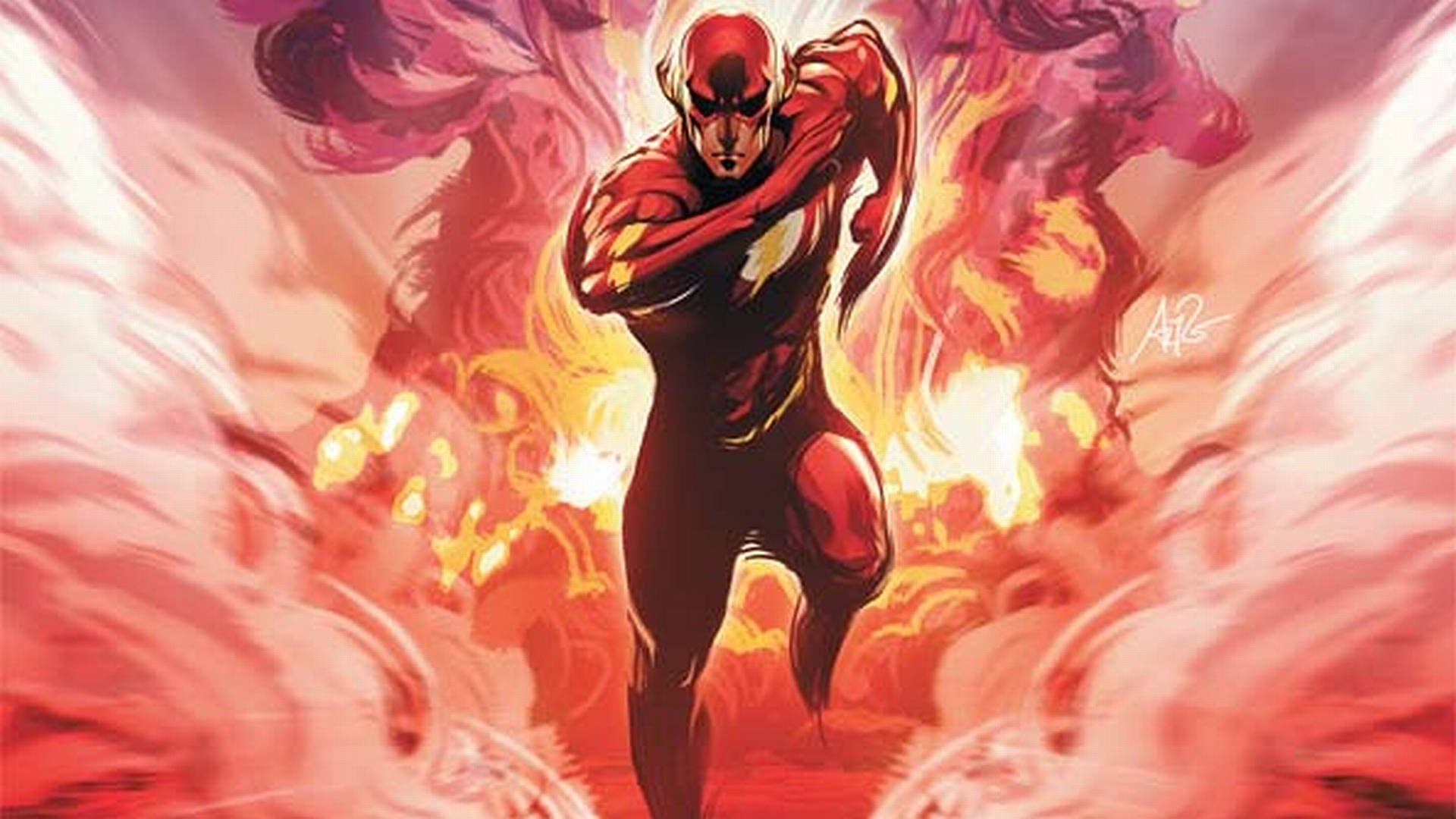 閃電俠 4K 煙霧 壁紙 — The Flash 身穿紅色戰衣向前衝刺，周圍環繞著熾熱的動態模糊和爆炸性能量。