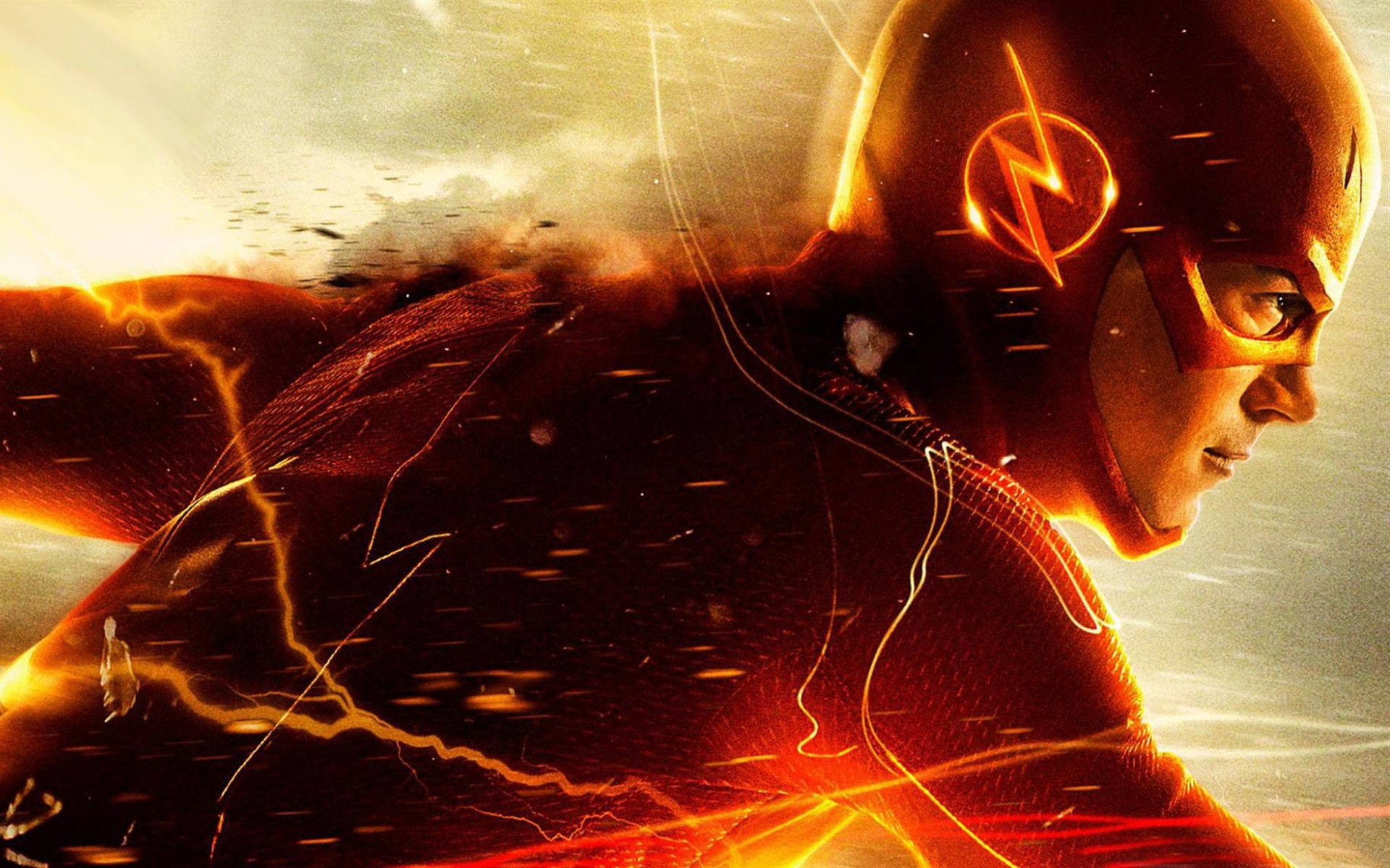 The Flash 超級英雄在運動中，帶有閃電效果和熾熱的橙色光環。