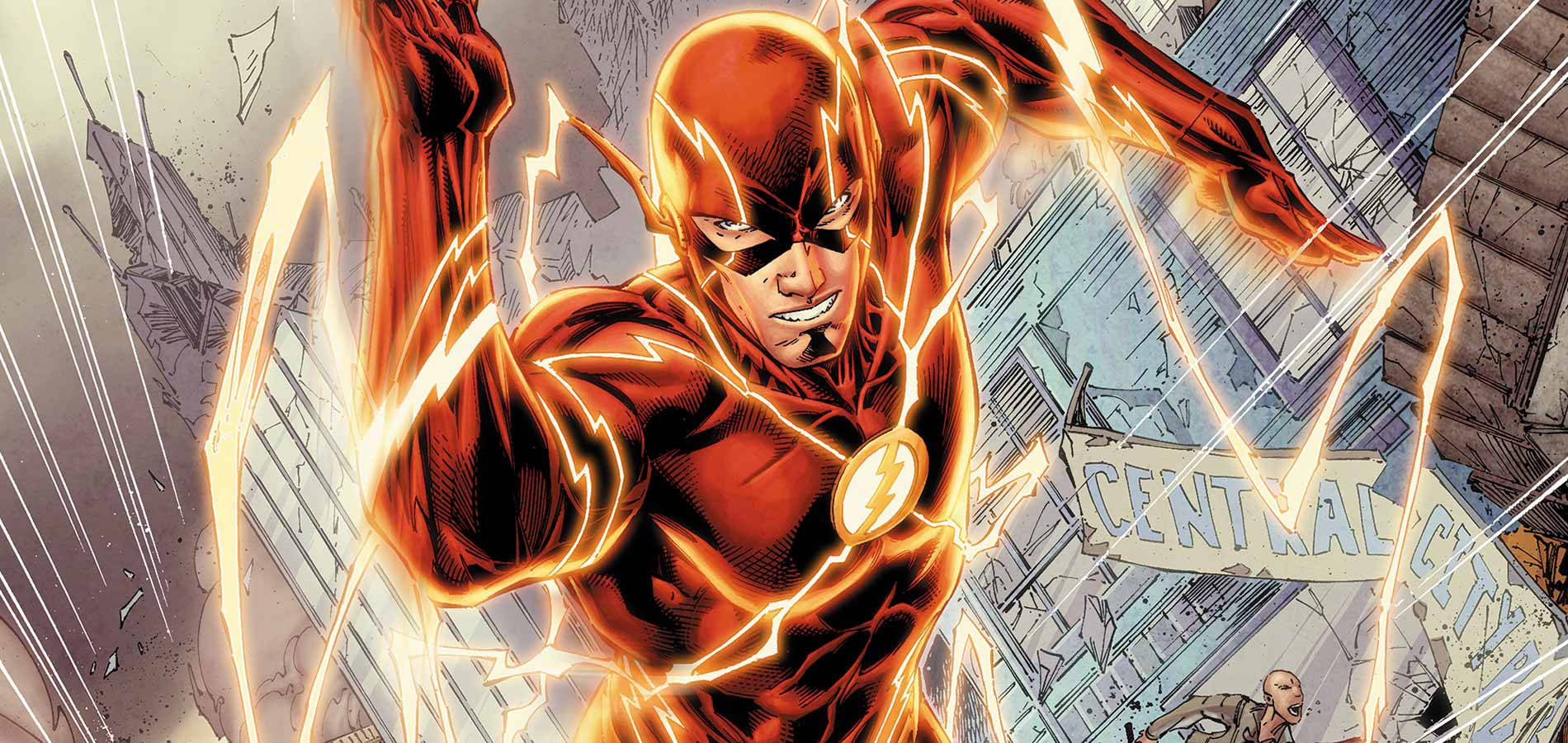 The Flash 身穿紅色戰衣在中央城奔跑，帶有閃電效果。