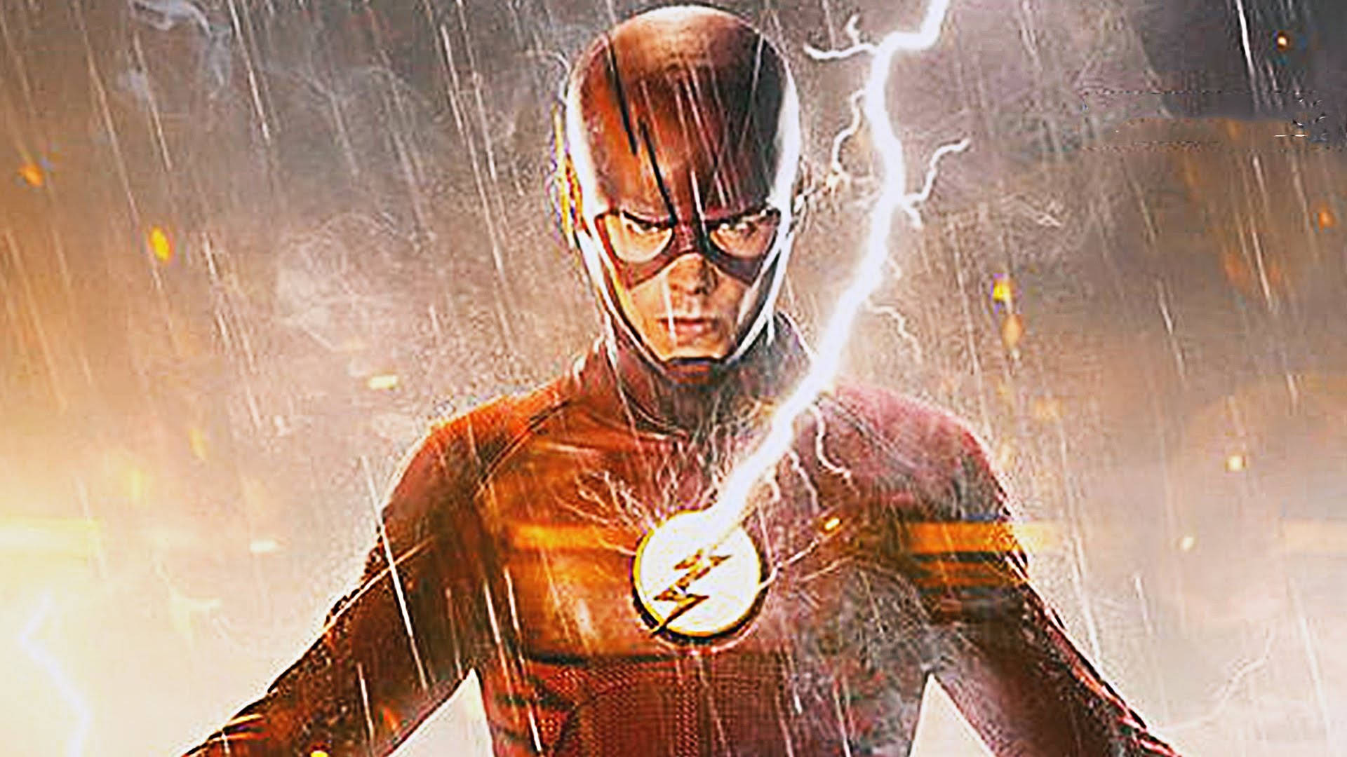 閃電俠4K劇情肖像 壁紙 — The Flash 站在暴風雨中，閃電在他胸前的標誌周圍噼啪作響，雨水劃過戲劇性的場景。