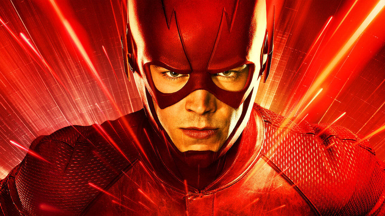 身穿紅色戰衣的超級英雄 The Flash，身後帶有閃電效果。