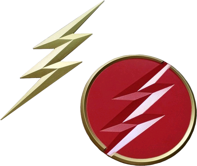 閃電俠符號 - 金與紅 壁紙 — 金色閃電同紅色圓形徽章，上面有白色閃電，背景係青綠色。