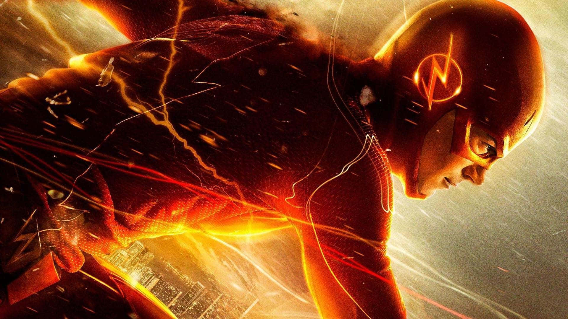 閃電俠蓄力黃色閃電 壁紙 — The Flash 向前衝刺，身穿紅色戰衣，閃電效果在他周圍劃過，背景是城市天際線。