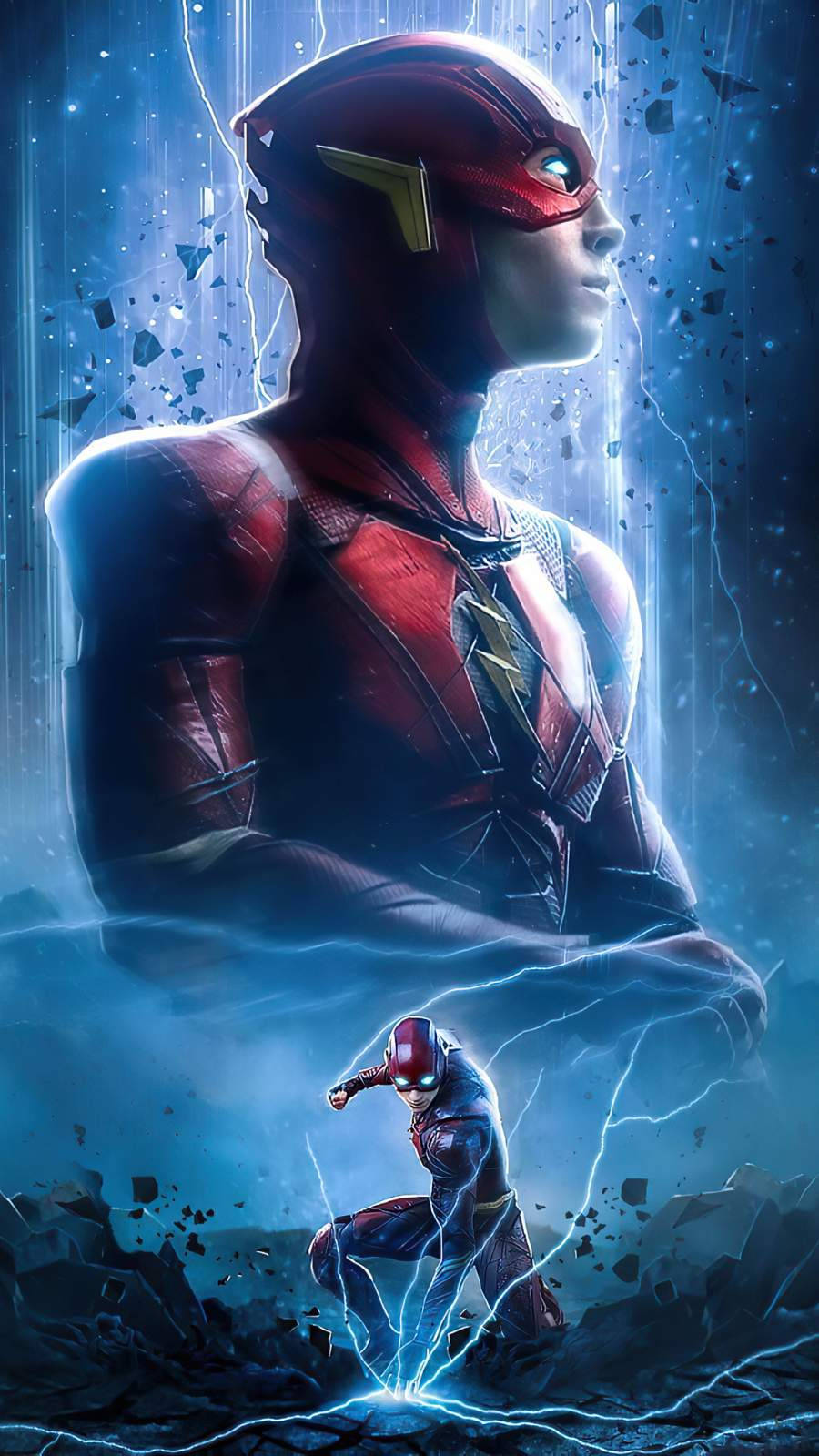 穿著紅色戰衣的 The Flash 被閃電和碎片包圍，擺出戲劇性的姿勢。