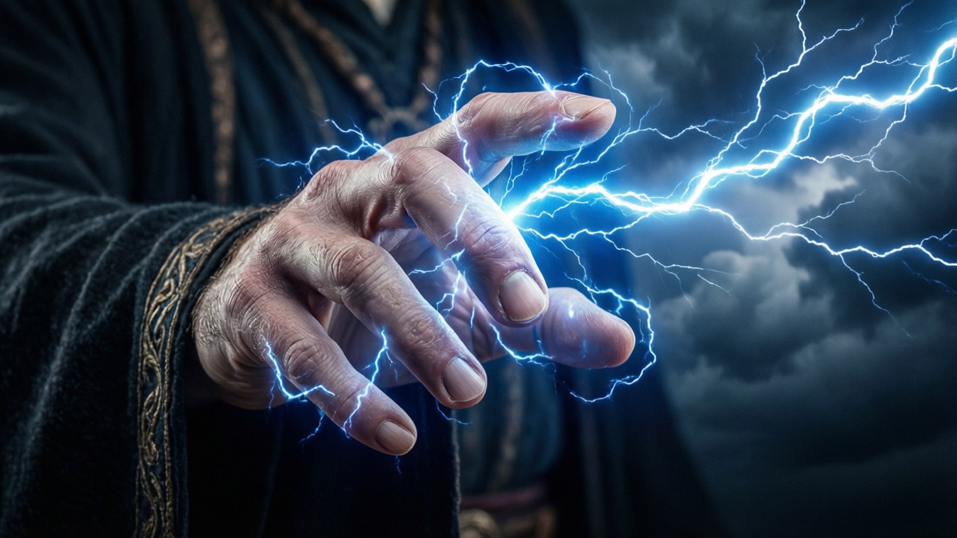 閃電咒語 壁紙 — 一隻飽經風霜的手在戲劇性的雲層背景下，向暴風雨的天空釋放出噼啪作響的藍色閃電。