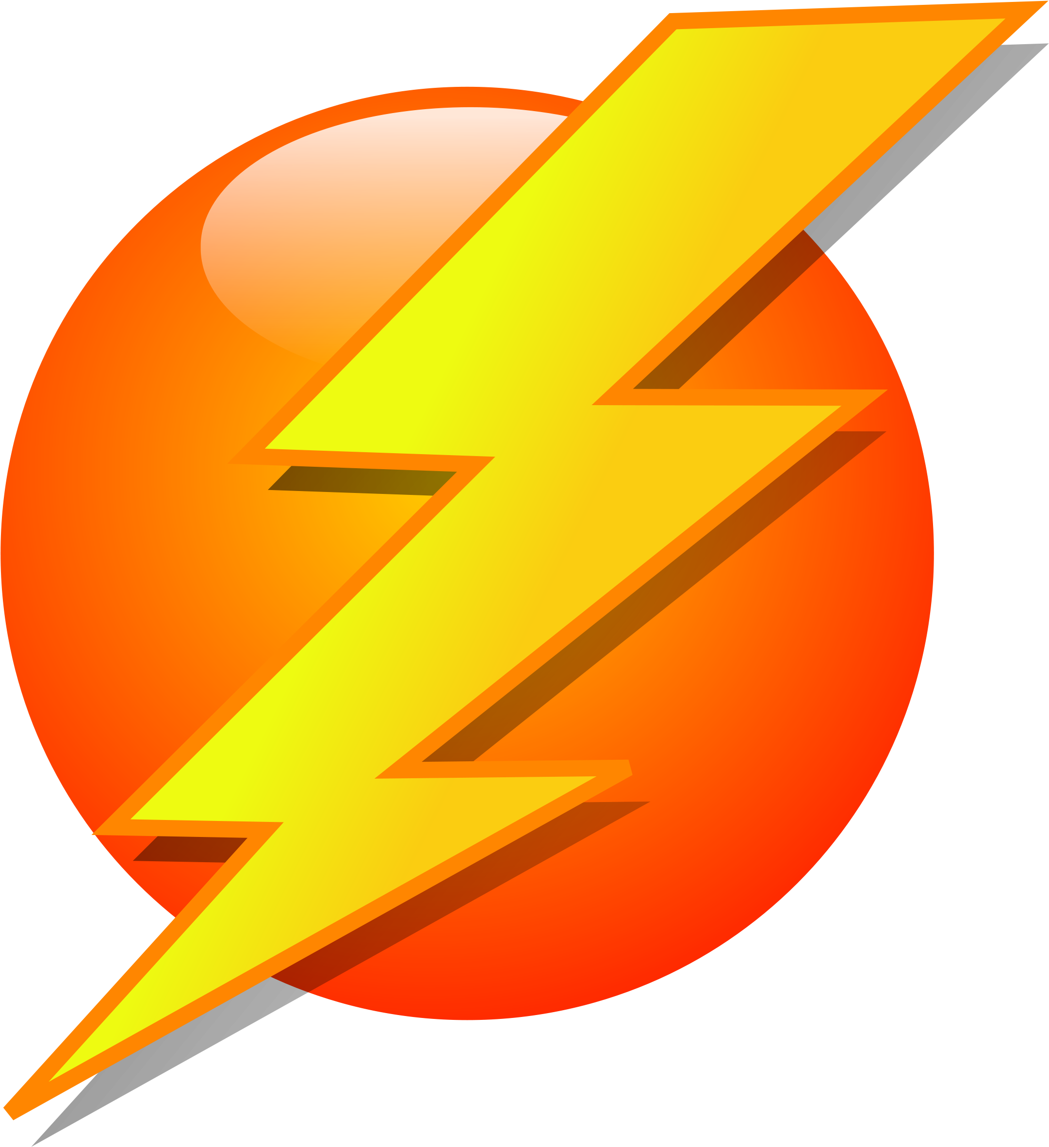 閃電圖形 壁紙 — 一條大膽的黃色閃電斜向劃過黑色背景上的橙色漸變圓圈。