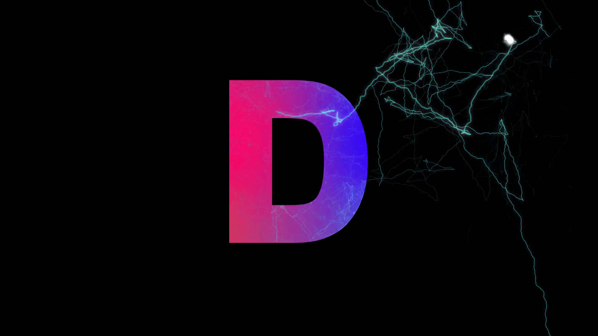 閃電擊中的字母D 壁紙 — 一個發光的漸變字母D，粉紅色和藍色，在黑色虛空中帶有電光藍綠色閃電脈動。