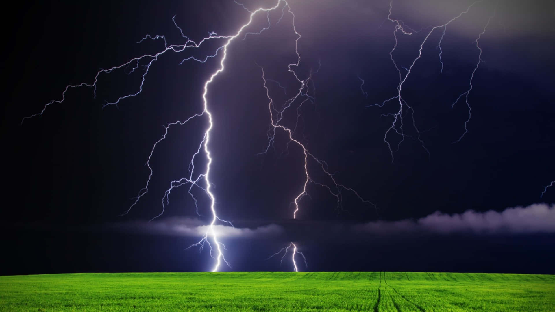 閃電照亮夜空 壁紙 — 一場戲劇性的雷暴照亮了黑暗天空下廣闊的綠色田野，多道明亮的閃電劃破天際。