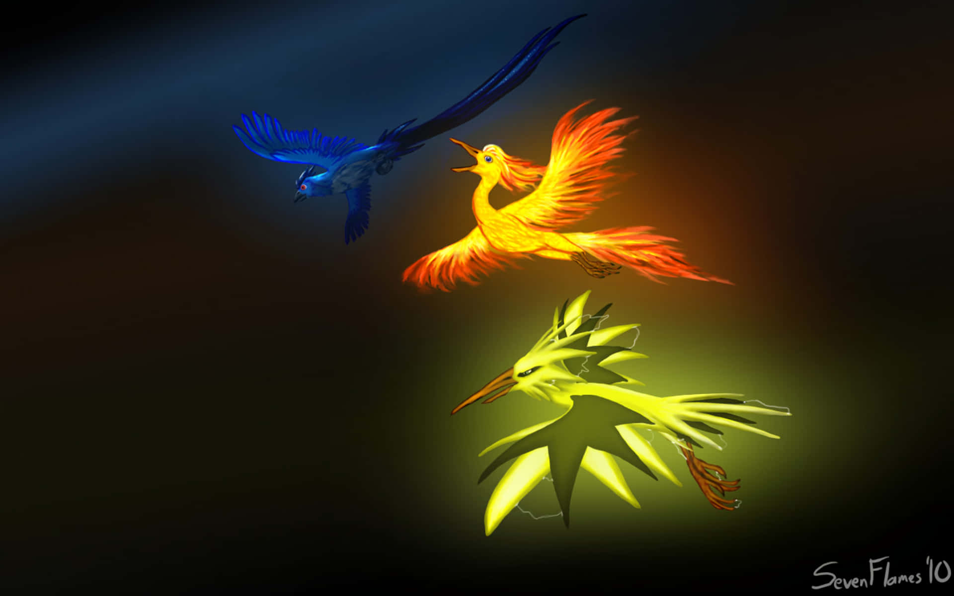 三隻發光的神話鳥類在黑暗空間中以鮮豔色彩飛翔。