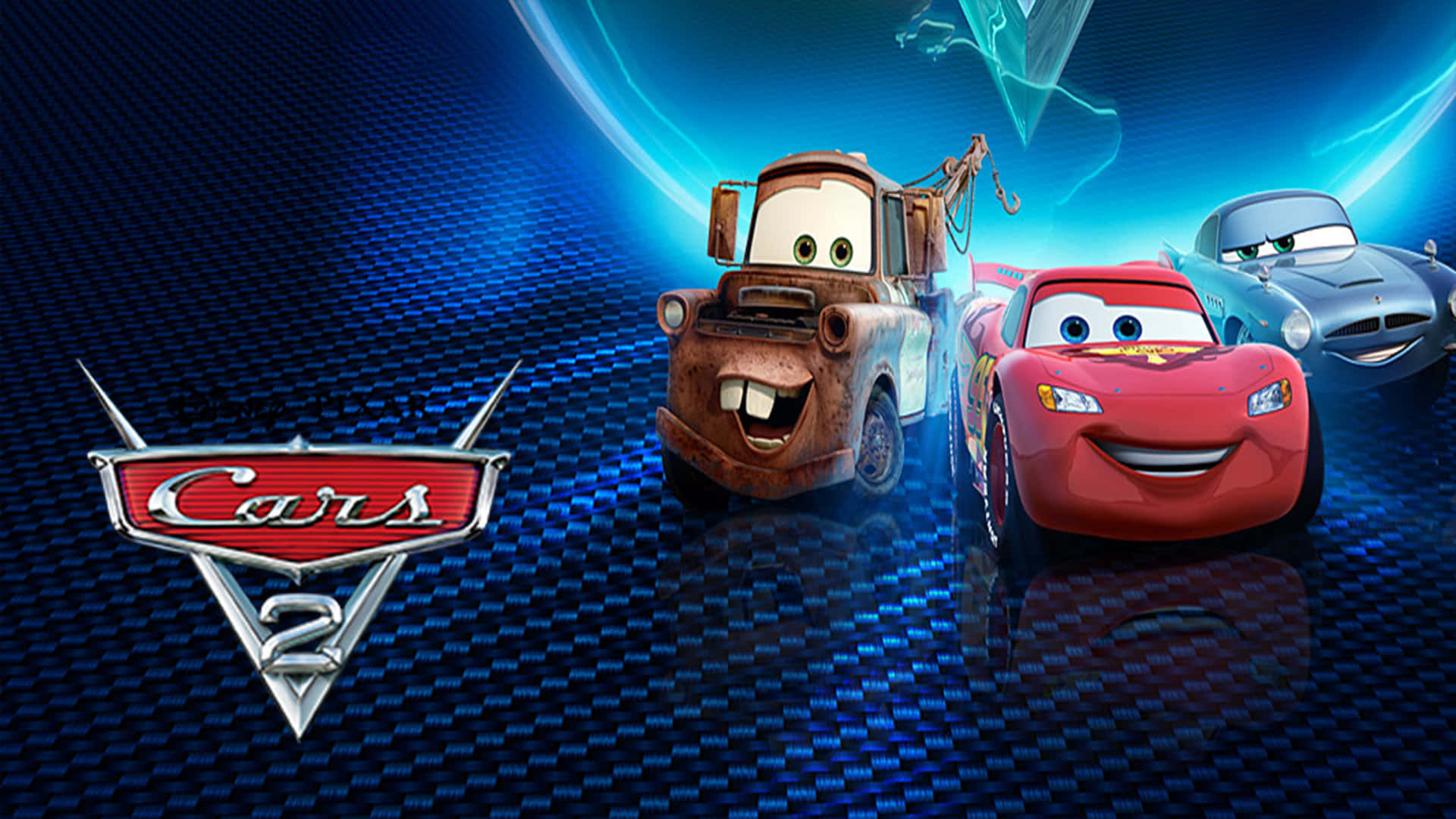 來自Cars 2的三輛微笑動畫車在藍色碳纖維表面上。