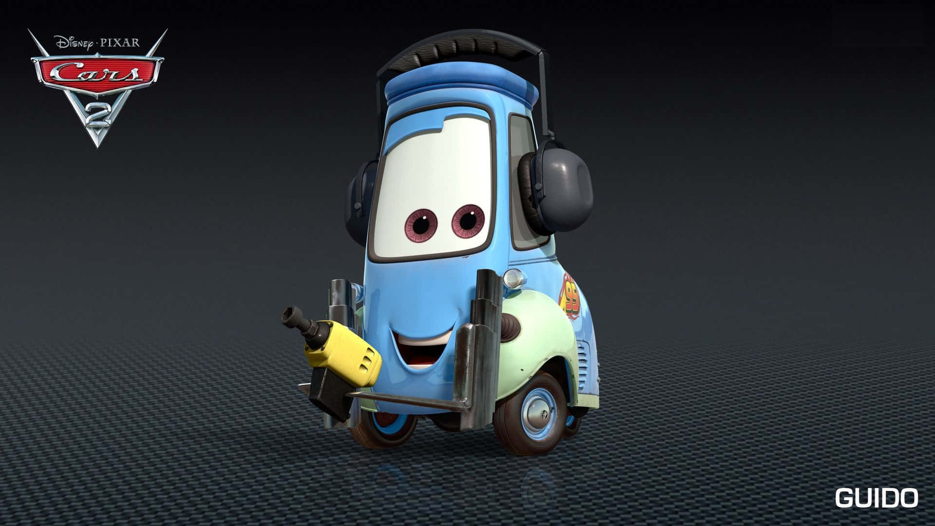 藍色動畫拖車角色戴著耳機和工具微笑。