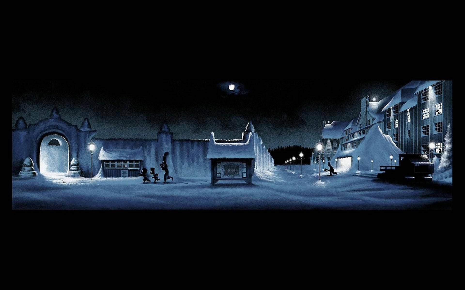 《閃靈》辛普森家庭致敬 壁紙 — 一個雪夜場景，剪影人物在滿月下走過積雪的建築物。