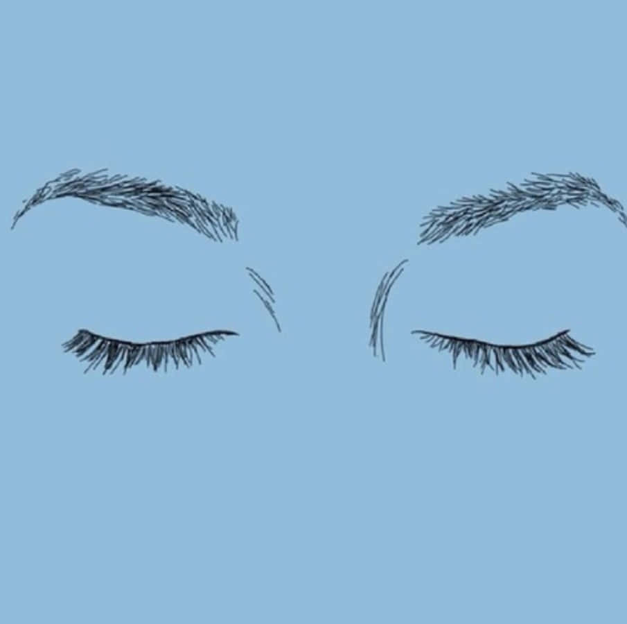 Outline 桌布 壁紙 — 閉上的眼睛，帶有詳細的睫毛和眉毛，以黑色在柔和的藍色背景上勾勒。