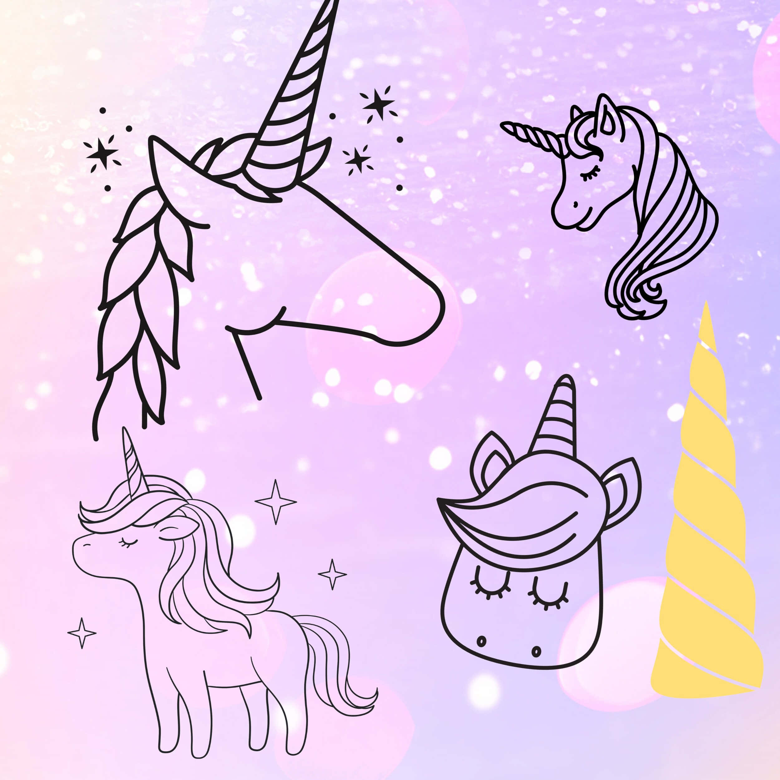Pastel Unicorn 桌布 壁紙 — 閉上眼睛的奇幻線條藝術獨角獸在柔和的粉彩漸變背景上，漂浮在閃爍的星星之間。