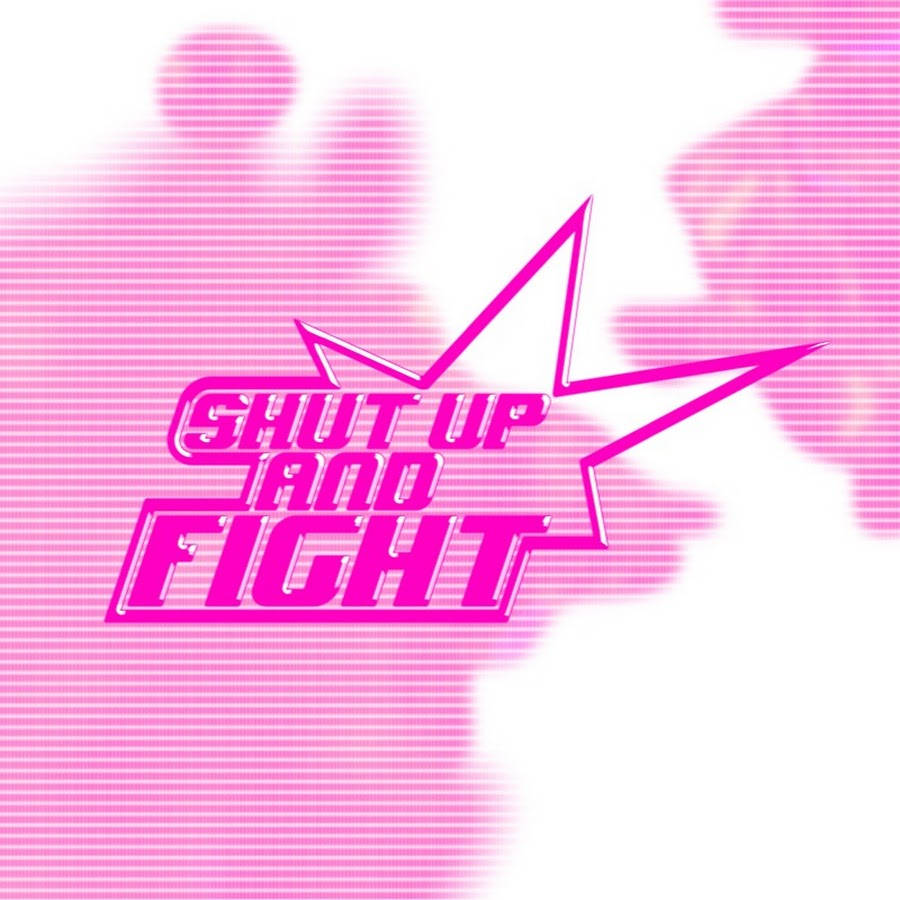 粉紅色復古圖形，在漫畫星爆中以粗體文字寫著 shut up and fight。