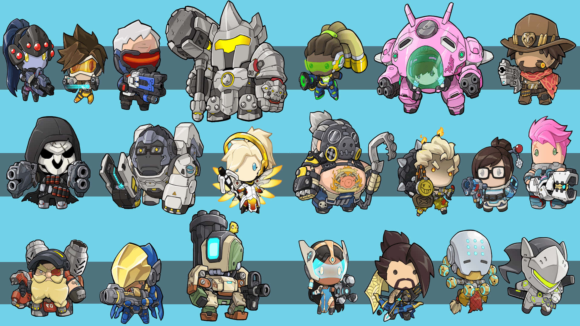 Q版Overwatch角色喺藍色條紋背景上擺出色彩繽紛嘅姿勢。
