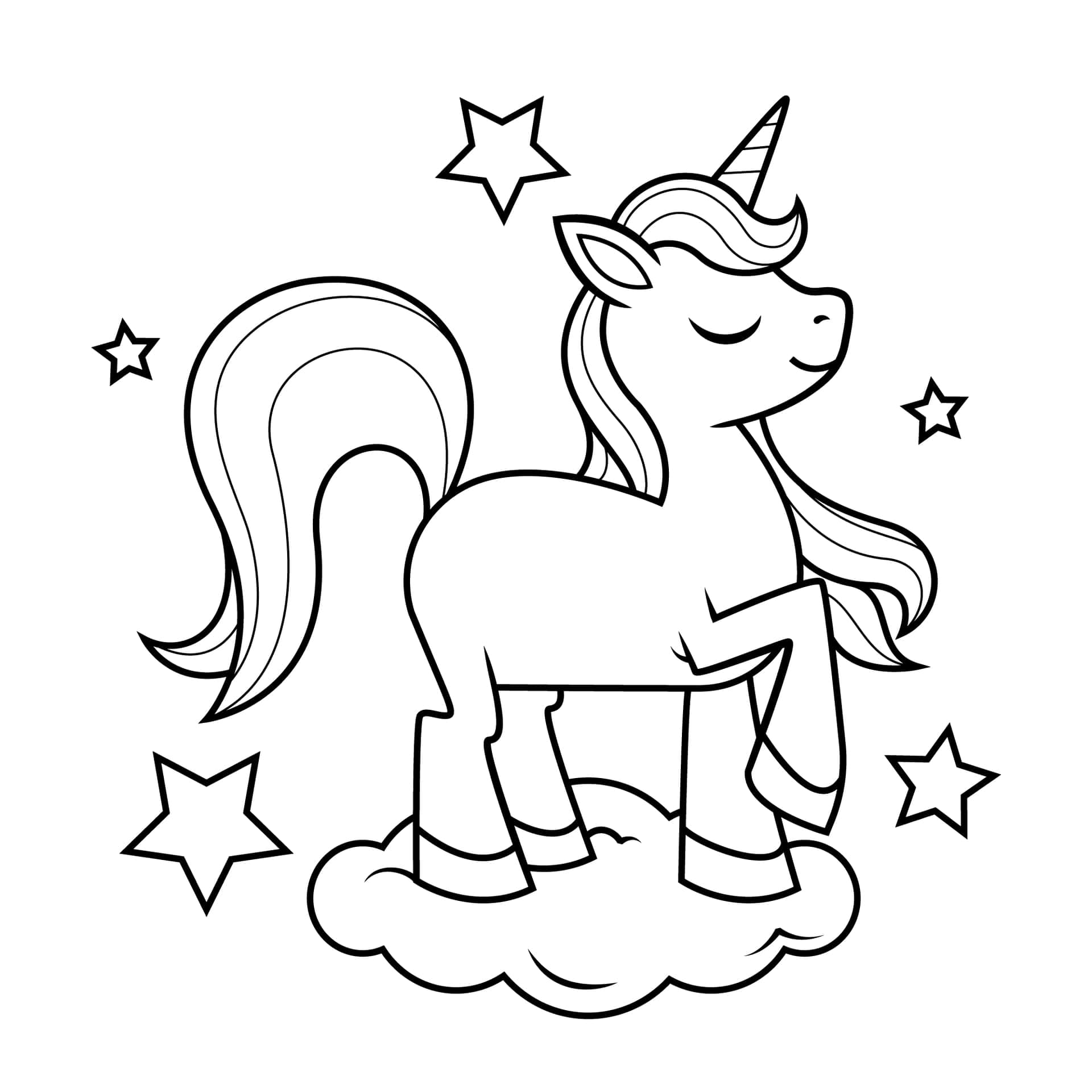 一隻閉著眼睛微笑的獨角獸站在雲朵上，周圍有星星。