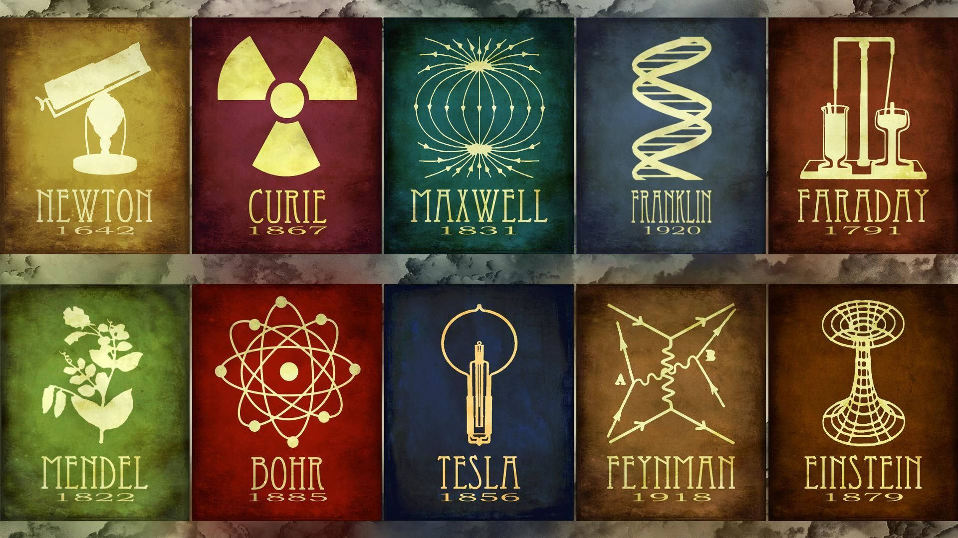 開創科學前路的科學家們 壁紙 — 復古風格海報，向十位科學先驅致敬，每位均帶有其標誌性符號和出生年份，置於紋理背景上。