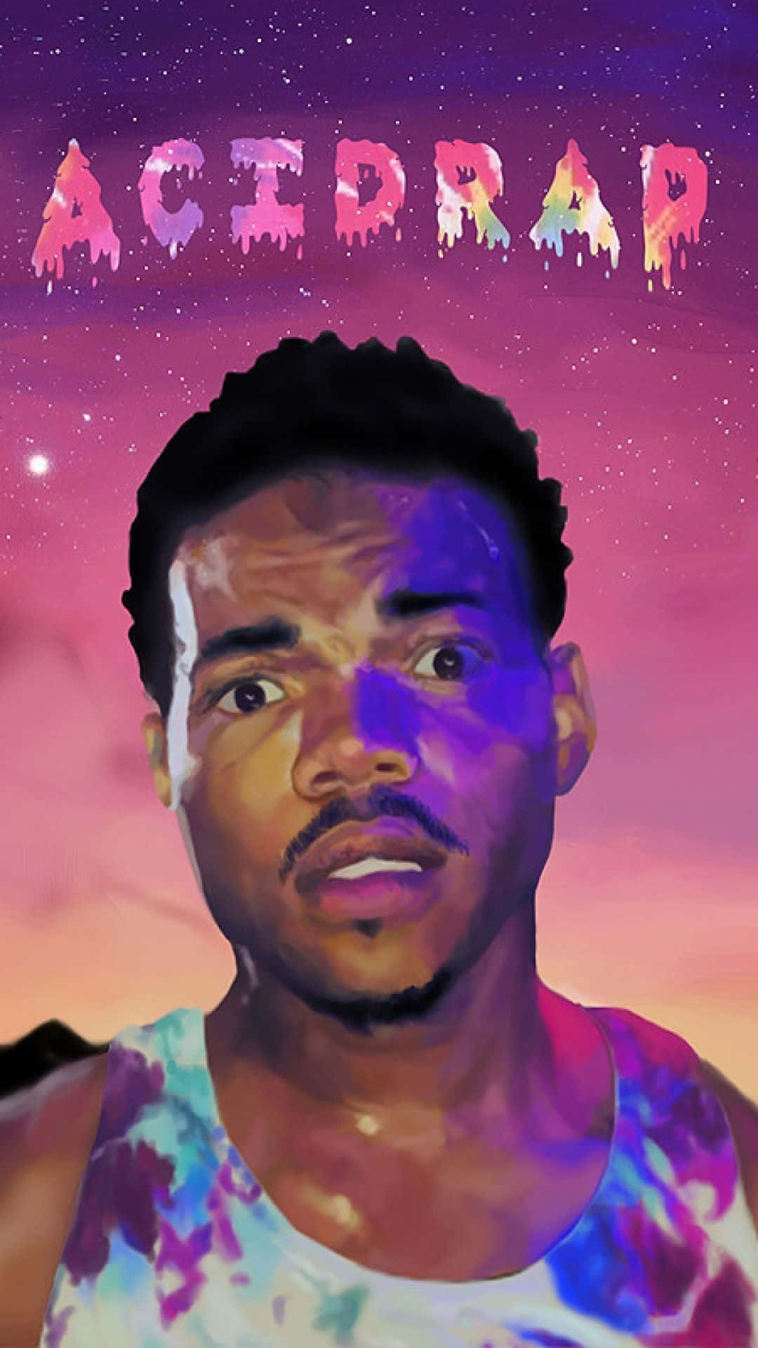 開啓音樂！ 壁紙 — 一個表情驚訝的男人凝視著充滿活力的宇宙天空，上方有滴落的酸性浸透文字。