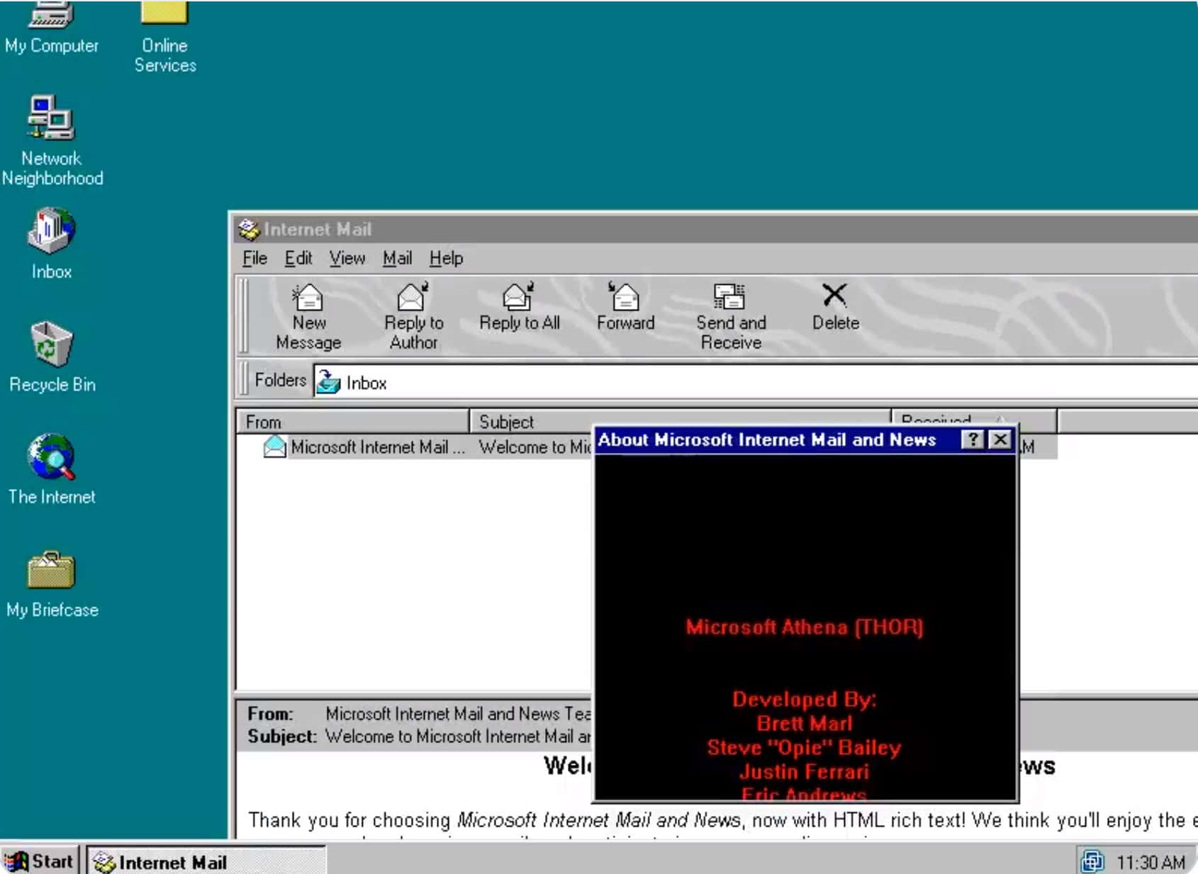 開啟 Windows 95 的無限可能 壁紙 — 一個復古的 Windows 98 桌面，顯示 Microsoft Internet Mail 和 News，其「關於」對話框打開，在黑色背景上顯示紅色文字。