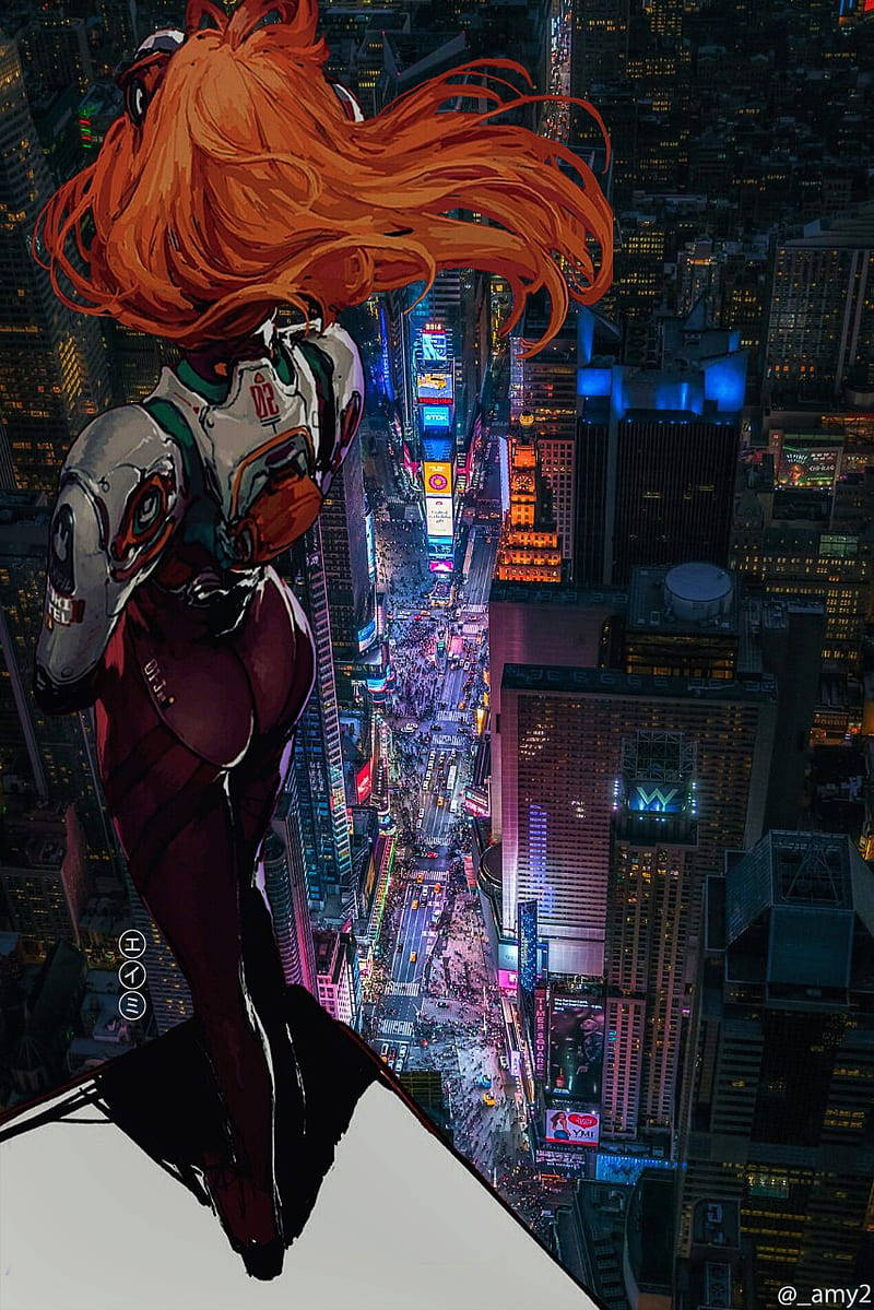 開啟未來，體驗 Evangelion Alpha-01X 智能手機 壁紙 — 一位擁有火焰般頭髮的動漫女孩，身穿生化機械套裝，站在摩天大樓頂端，俯瞰著夜晚霓虹閃爍的城市景觀。