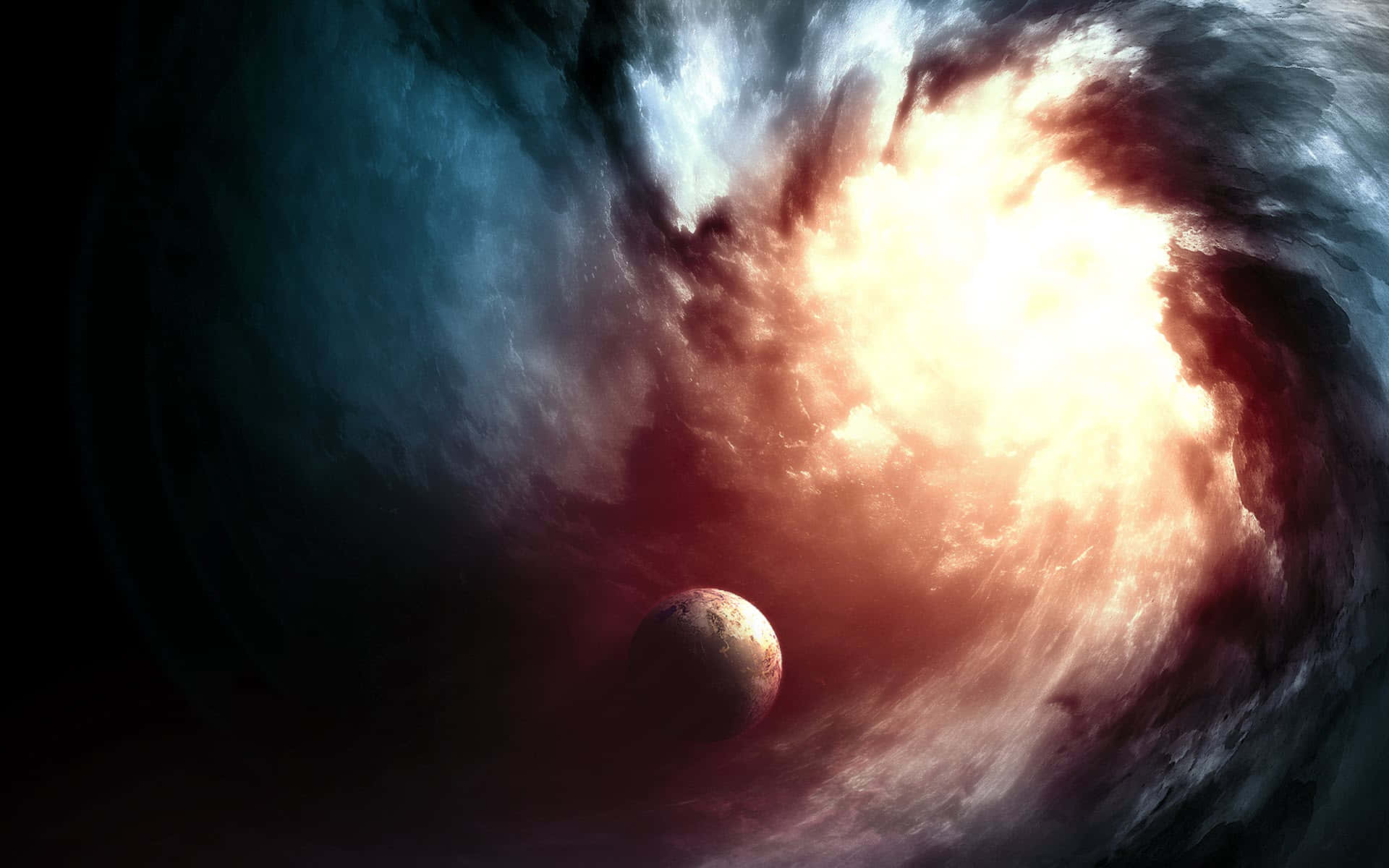行星漂浮在充滿活力的宇宙星雲中，帶有火橙色和深藍色的雲層。
