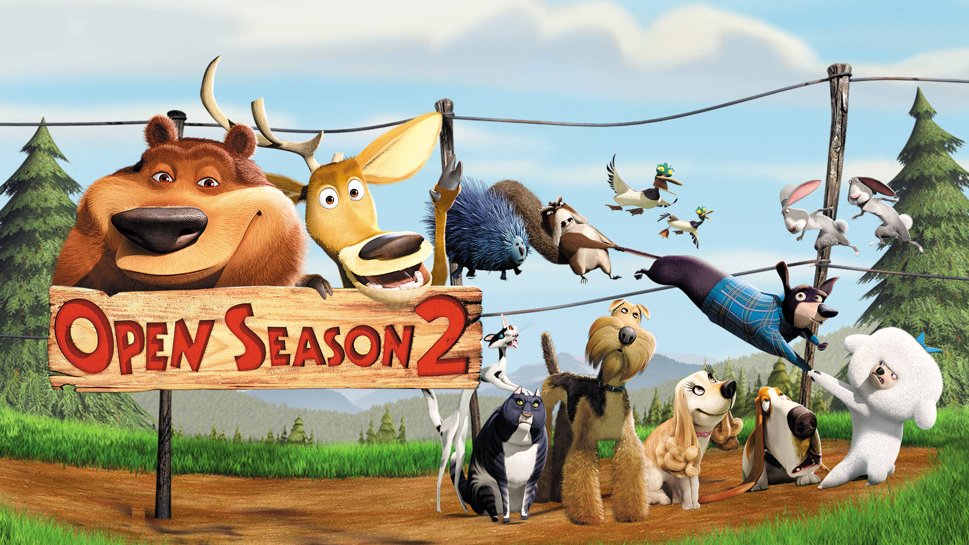 一群動畫森林動物在「Open Season 2」標誌周圍擺姿勢。