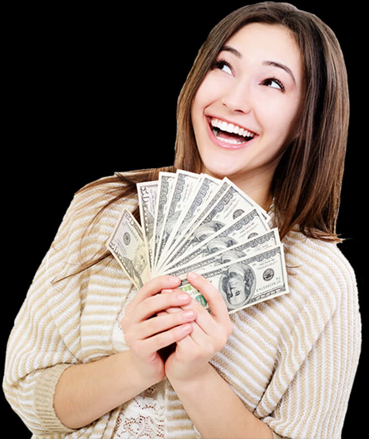 開心女性手持金錢 壁紙