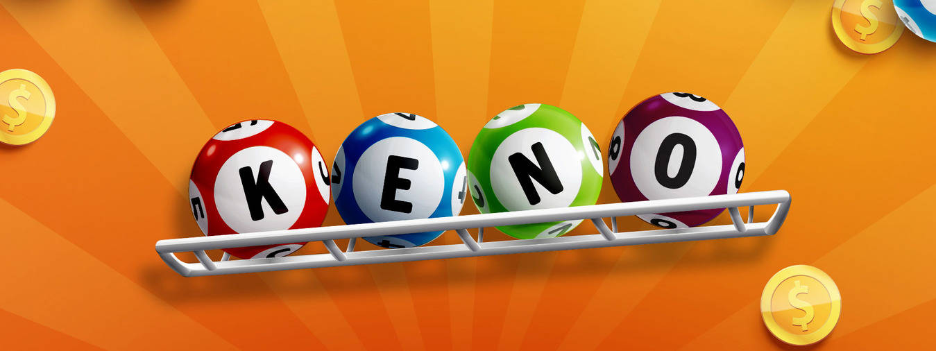 五顏六色的基諾球在架子上拼出 KENO，金幣漂浮其中。
