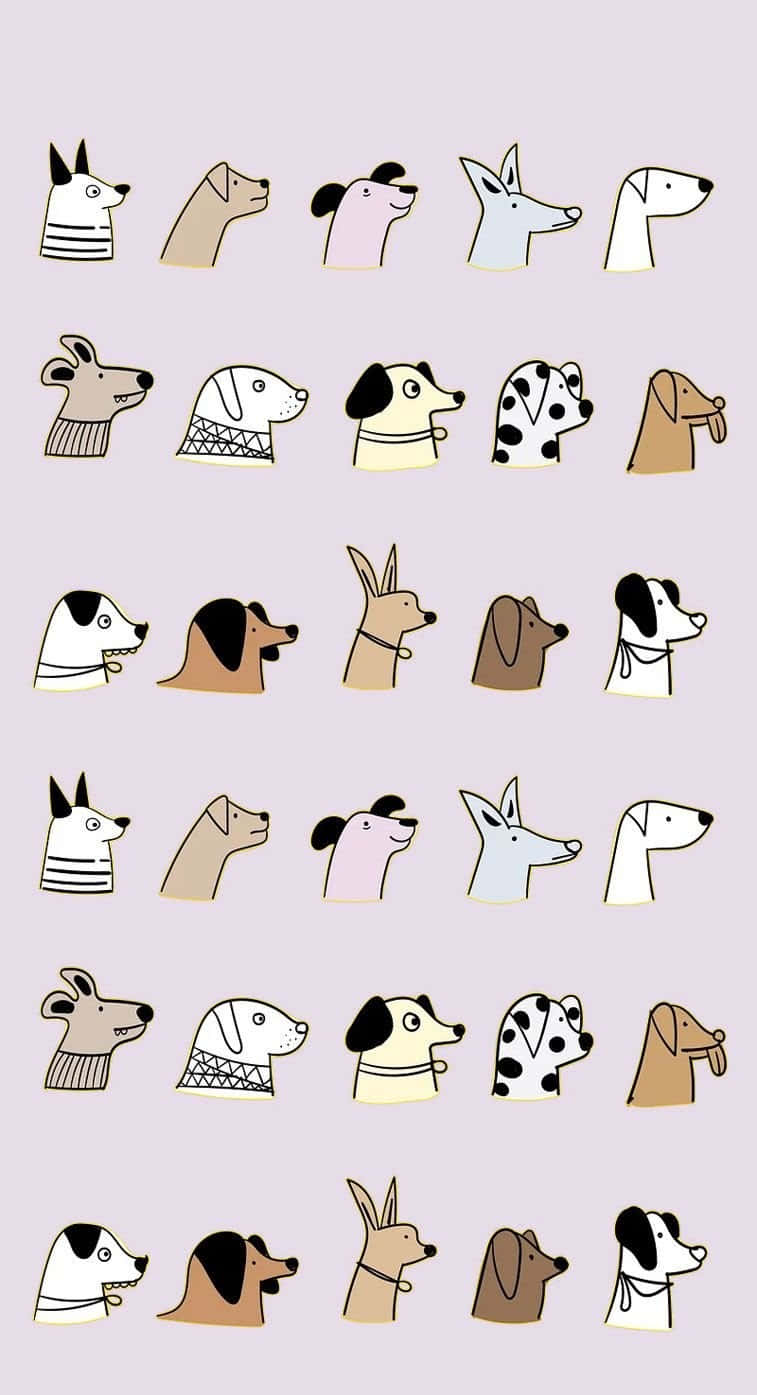 開心活潑的金毛幼犬微笑 壁紙 — 以柔和色調、簡單圖案和極簡輪廓呈現的風格化狗頭插圖網格。