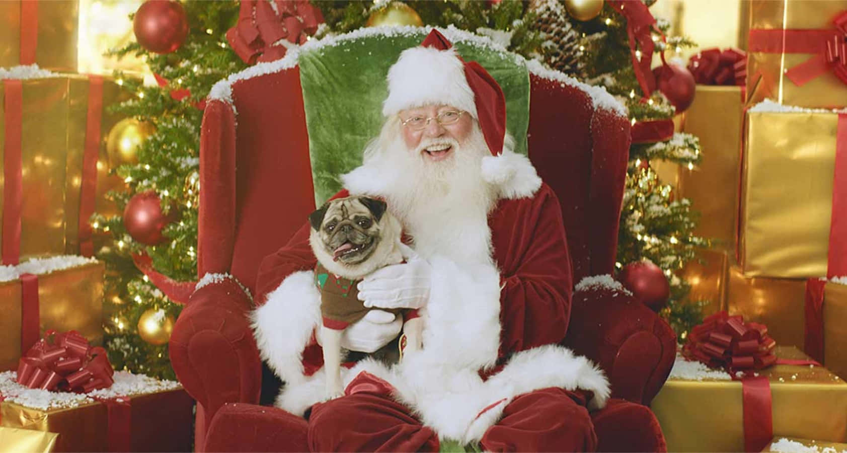 聖誕老人抱著巴哥犬幼犬在紅色椅子上，有聖誕樹和禮物。