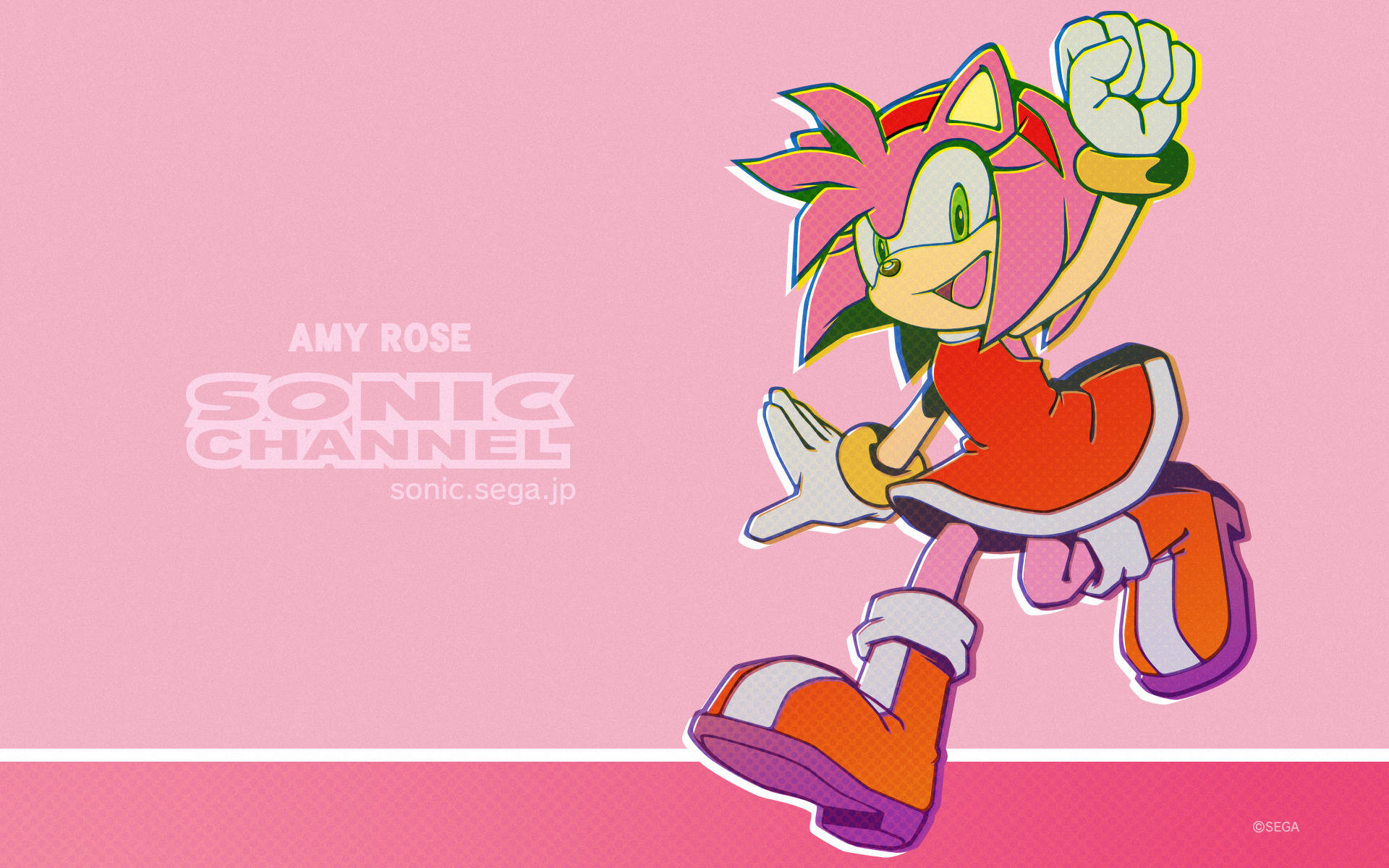 來自Sonic Channel的Amy Rose在粉紅色背景上以動態奔跑姿勢呈現。