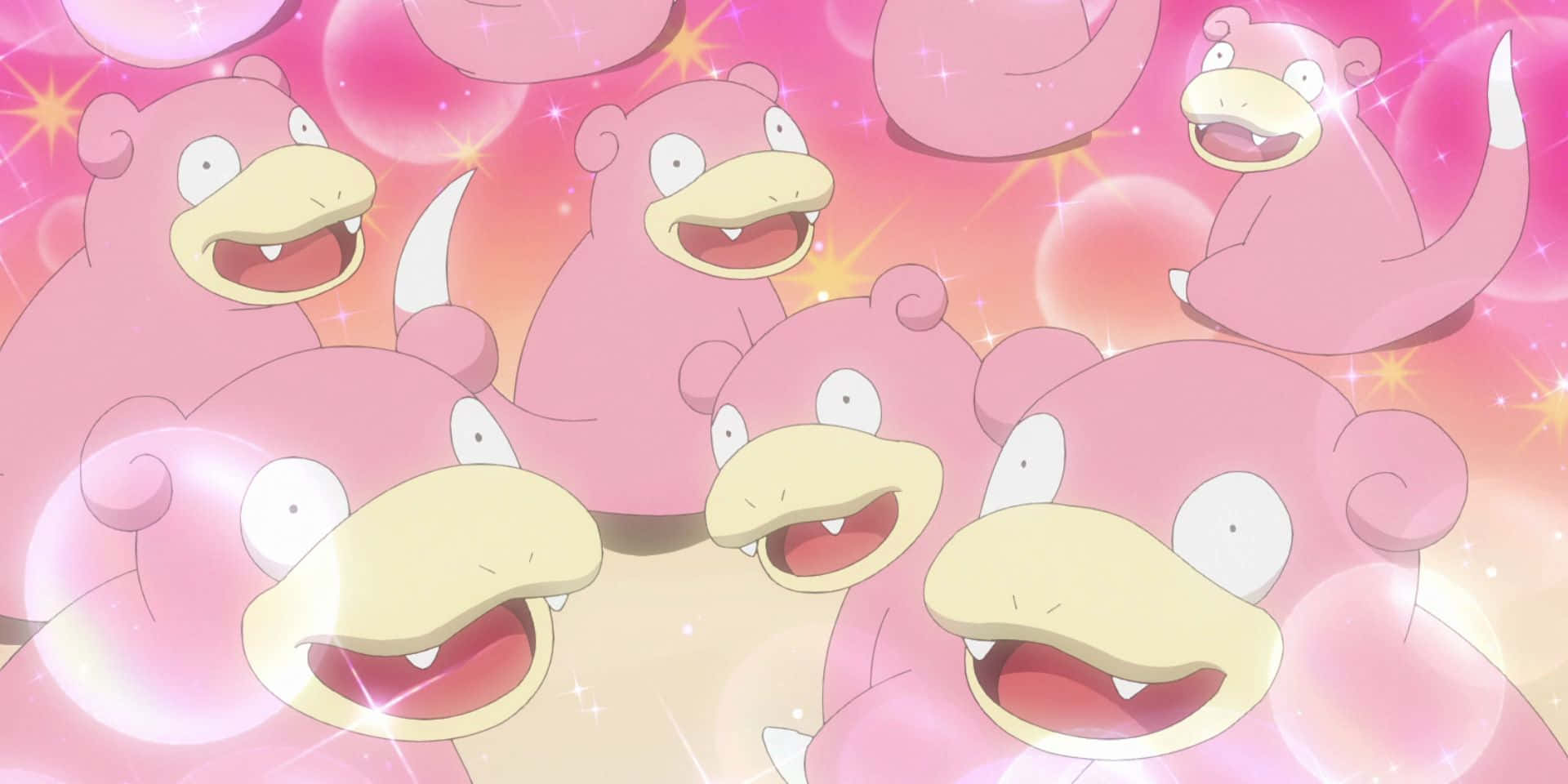 開心的 Slowbro 群 壁紙 — 多隻粉紅色呆呆獸在閃爍的粉紅和橙色漸變天空中有星星爆發，快樂地漂浮。
